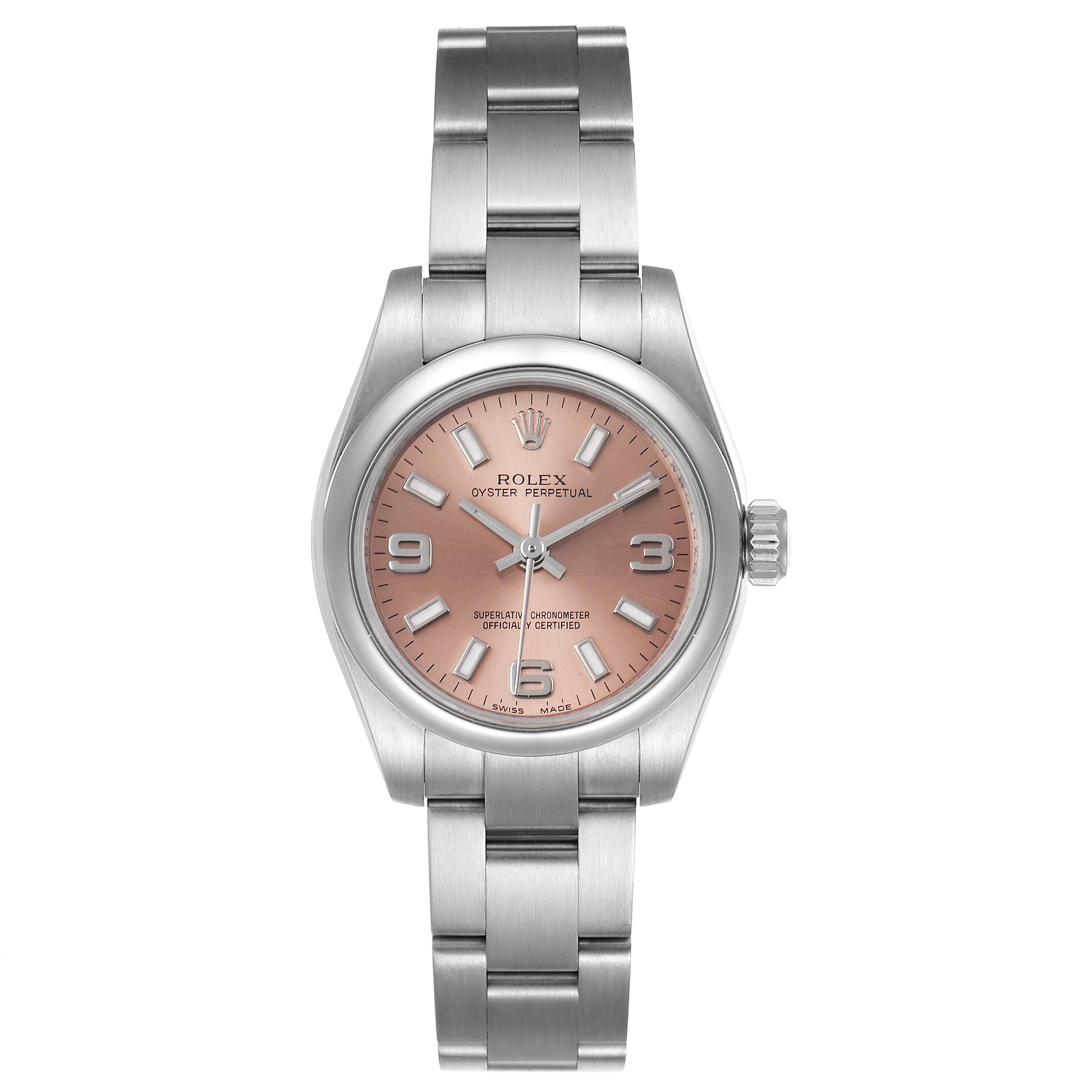 This image shows a front view of the Rolex Oyster Perpetual 176200 Women's Stainless Steel Pink Dial 176200 Women's Stainless Steel Pink Dial watch displaying its dial, bezel, case, and bracelet.