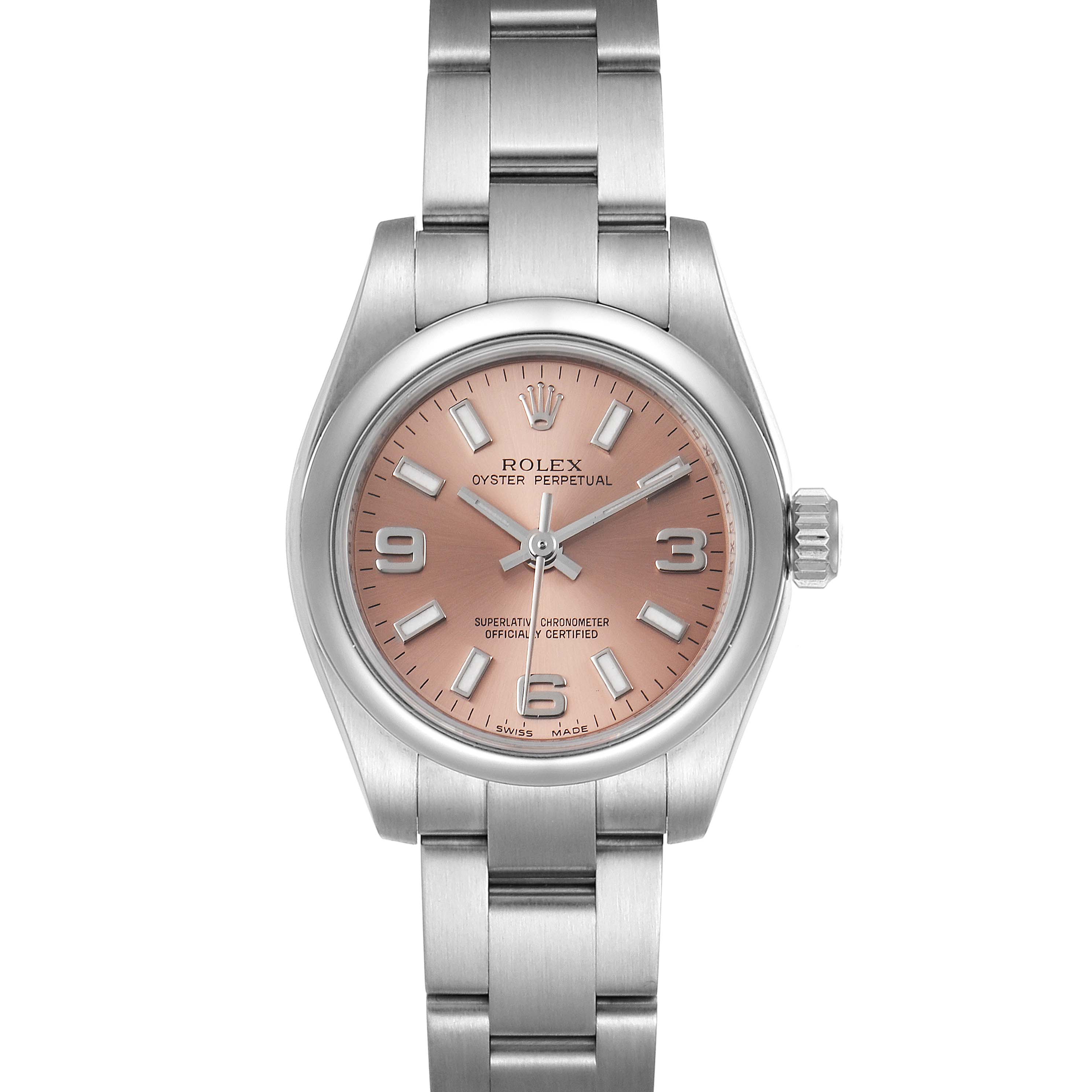 The Rolex Oyster Perpetual 176200 Women's Stainless Steel Pink Dial 176200 Women's Stainless Steel Pink Dial watch is shown from the front, displaying its pink dial, markers, and silver bracelet.