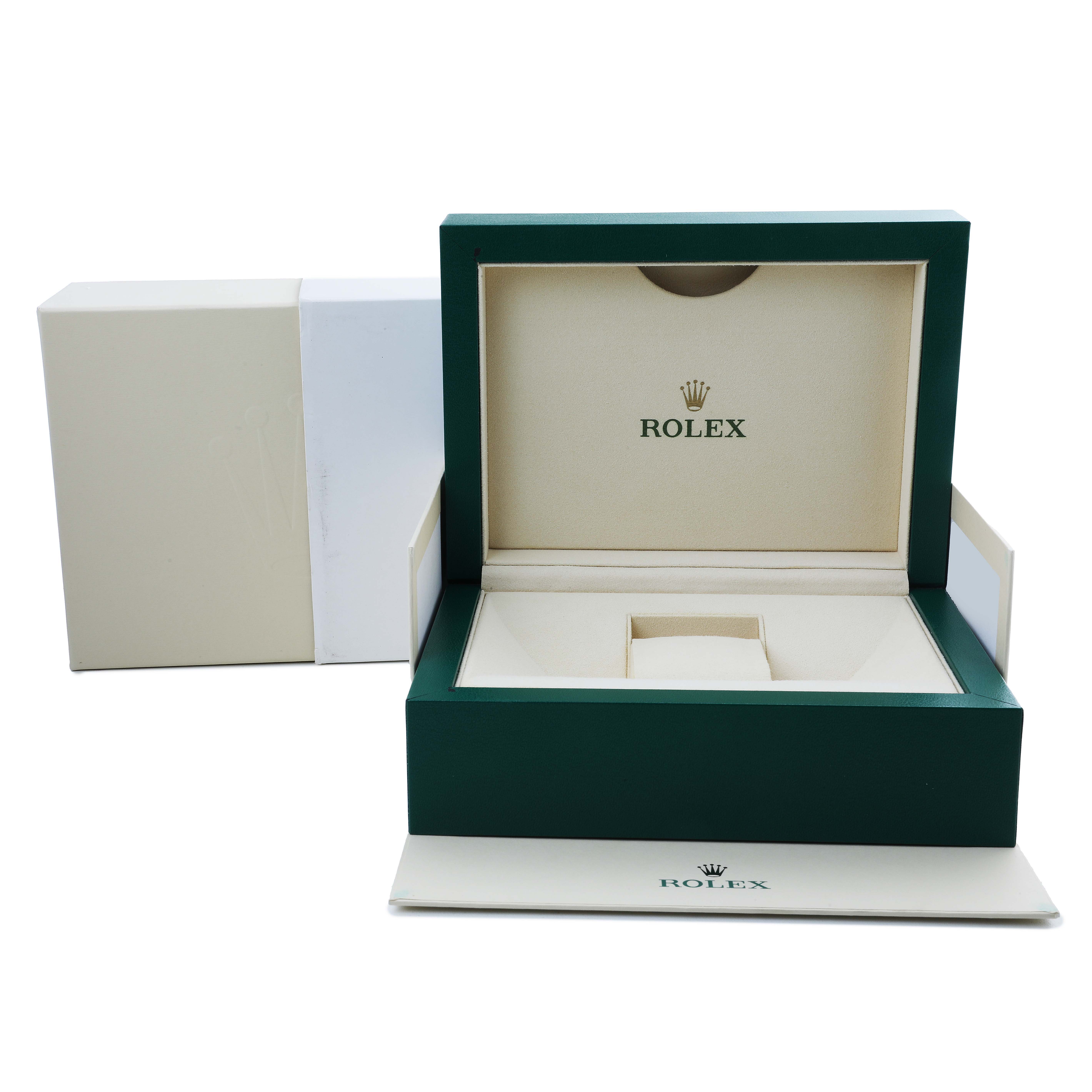 The image shows an open Rolex Oyster Perpetual M126000-0001 Men's Stainless Steel Beige Dial watch box, with inner and outer box packaging visible.