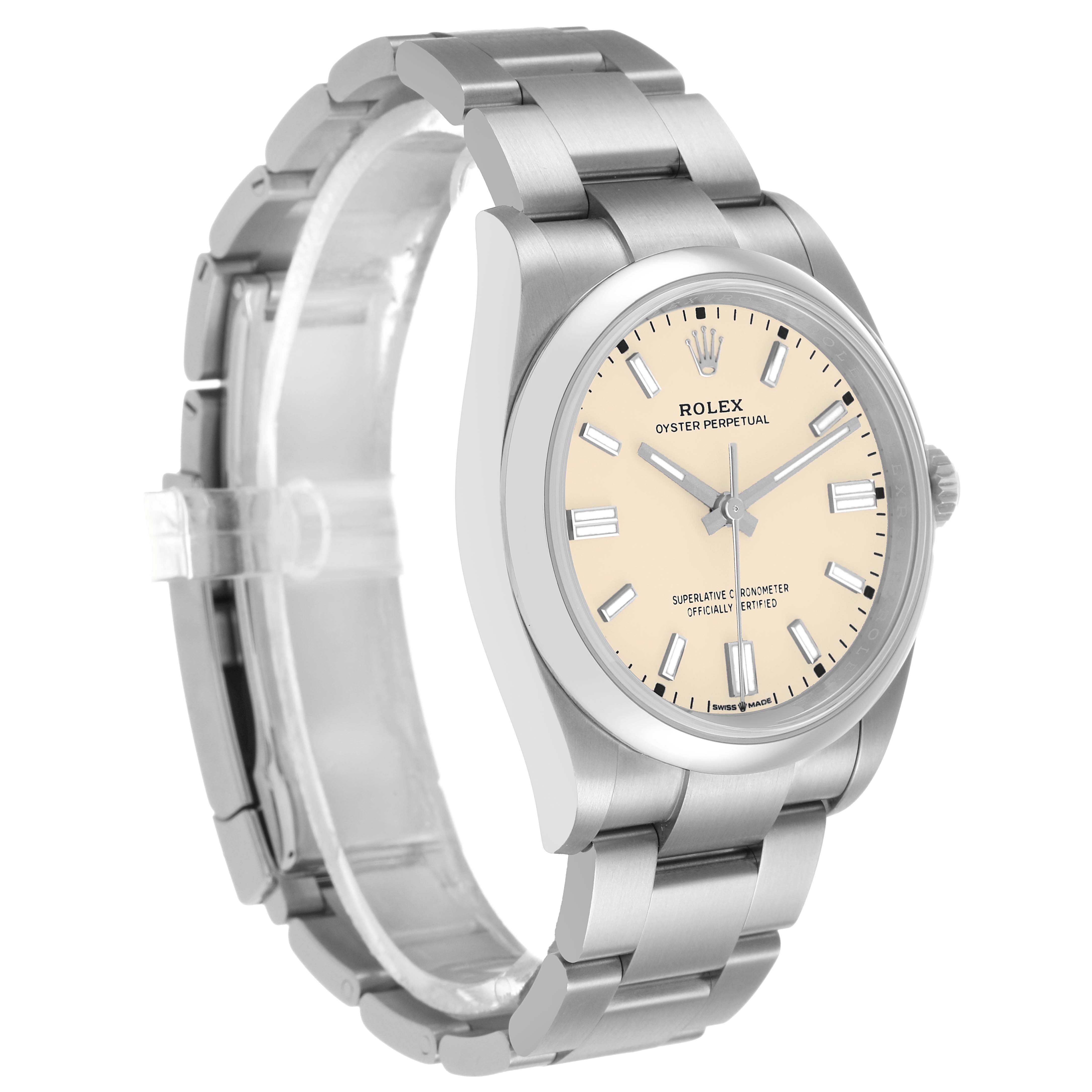 The Rolex Oyster Perpetual M126000-0001 Men's Stainless Steel Beige Dial watch is shown at a three-quarter angle, highlighting the face, bezel, and bracelet.