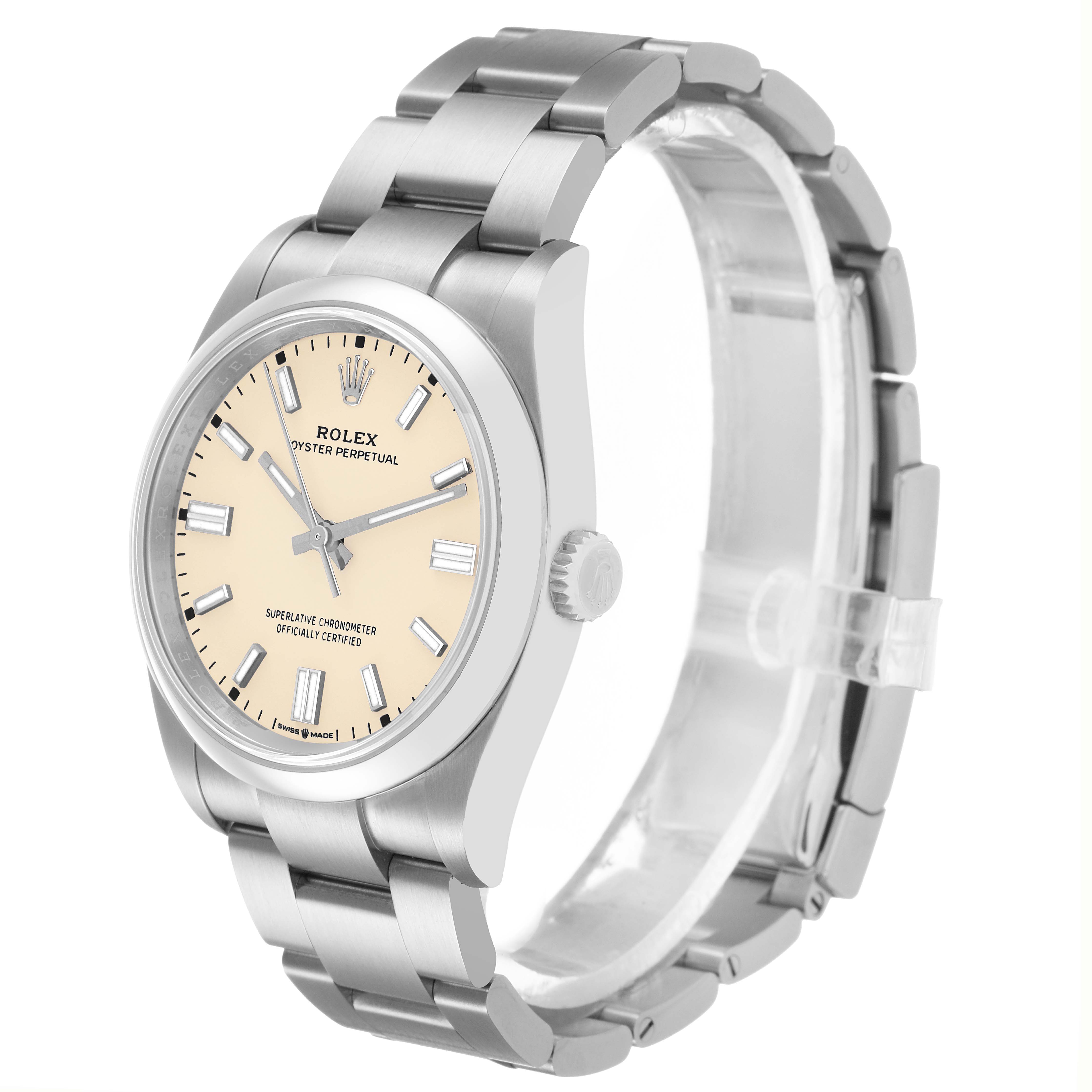 The image shows a Rolex Oyster Perpetual M126000-0001 Men's Stainless Steel Beige Dial watch at a 3/4 angle, highlighting the watch face, bracelet, and side view.
