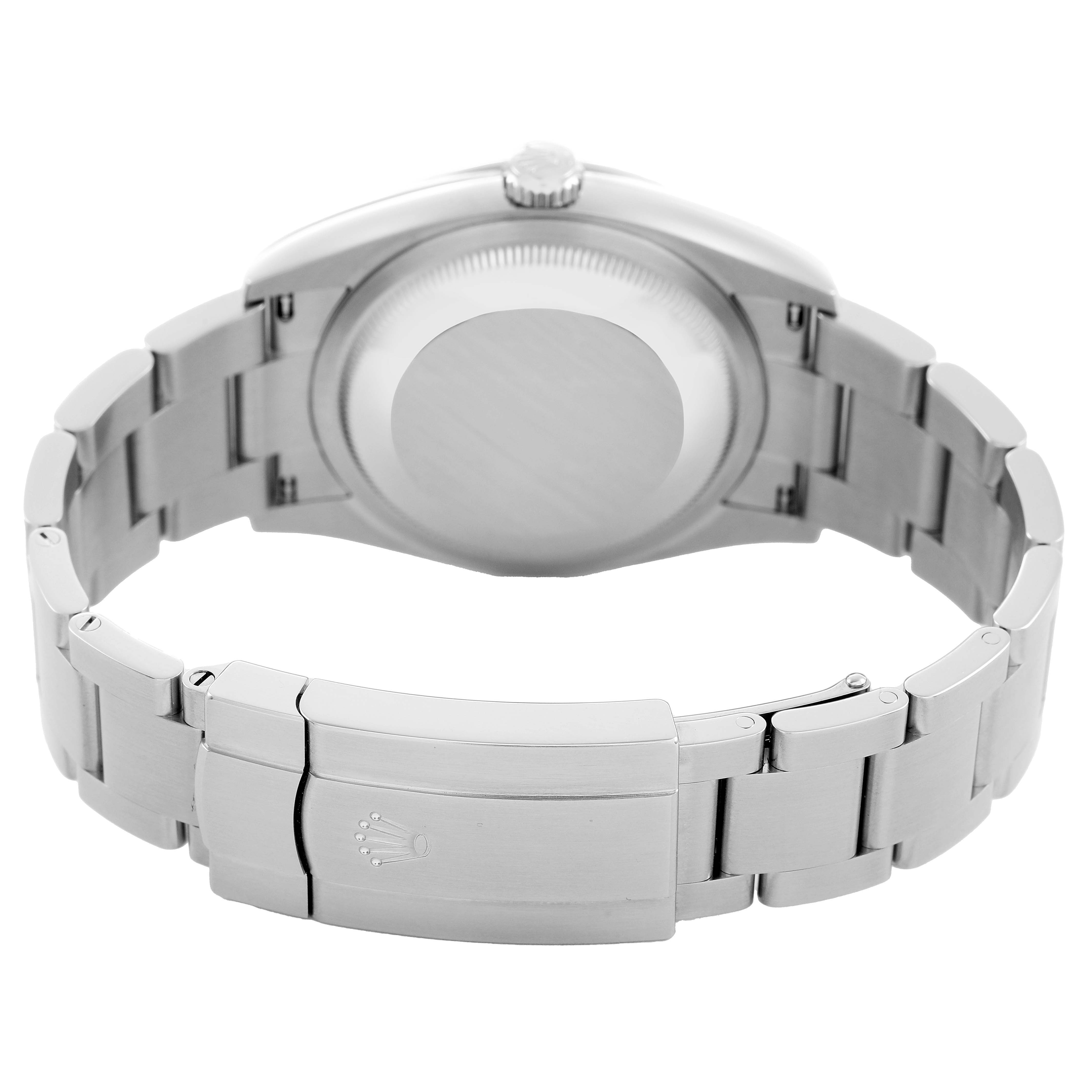 The Rolex Oyster Perpetual M126000-0001 Men's Stainless Steel Beige Dial watch is shown from the back, highlighting the clasp and the case back.
