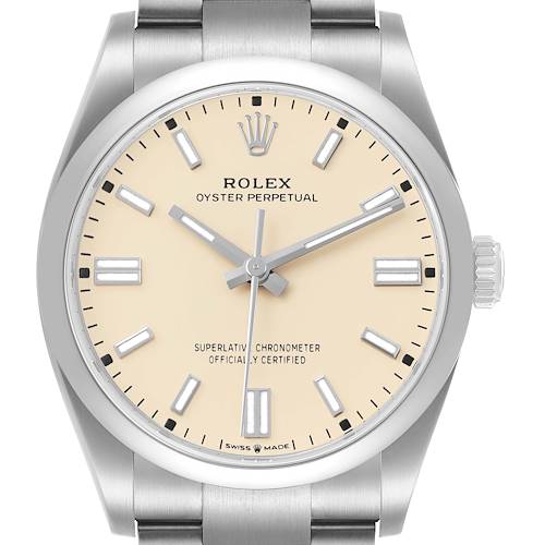 The Rolex Oyster Perpetual M126000-0001 Men's Stainless Steel Beige Dial watch is shown from a front angle, displaying the face, bezel, and part of the bracelet.