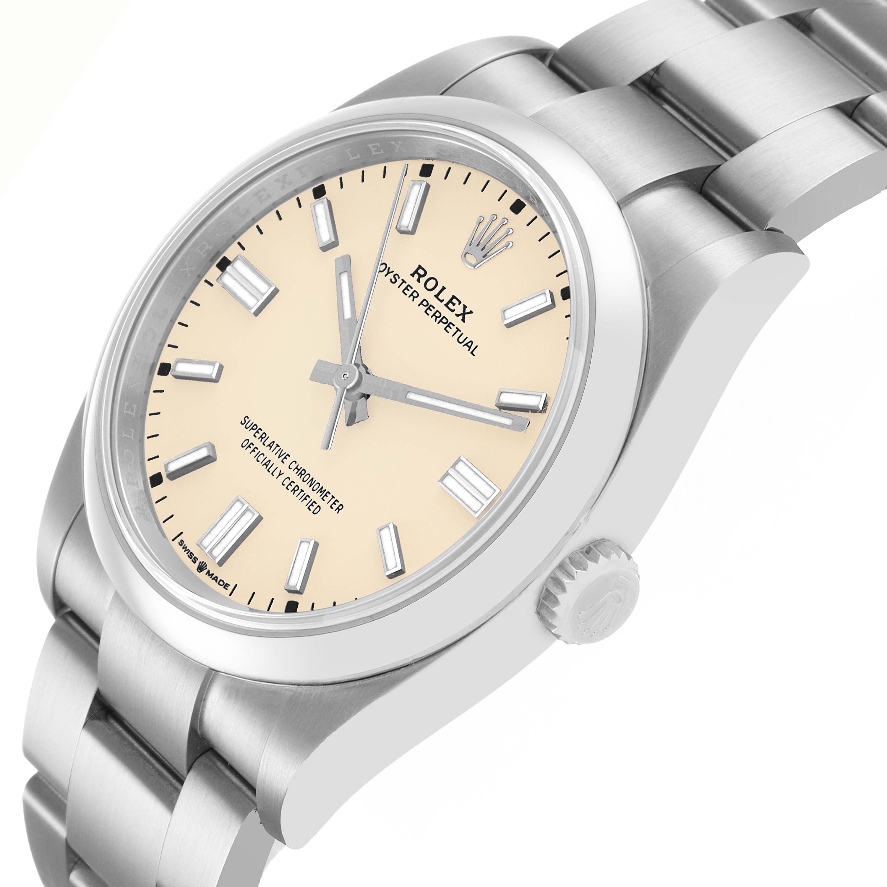 The Rolex Oyster Perpetual M126000-0001 Men's Stainless Steel Beige Dial is shown from a three-quarter angle, highlighting the dial, bezel, and bracelet.