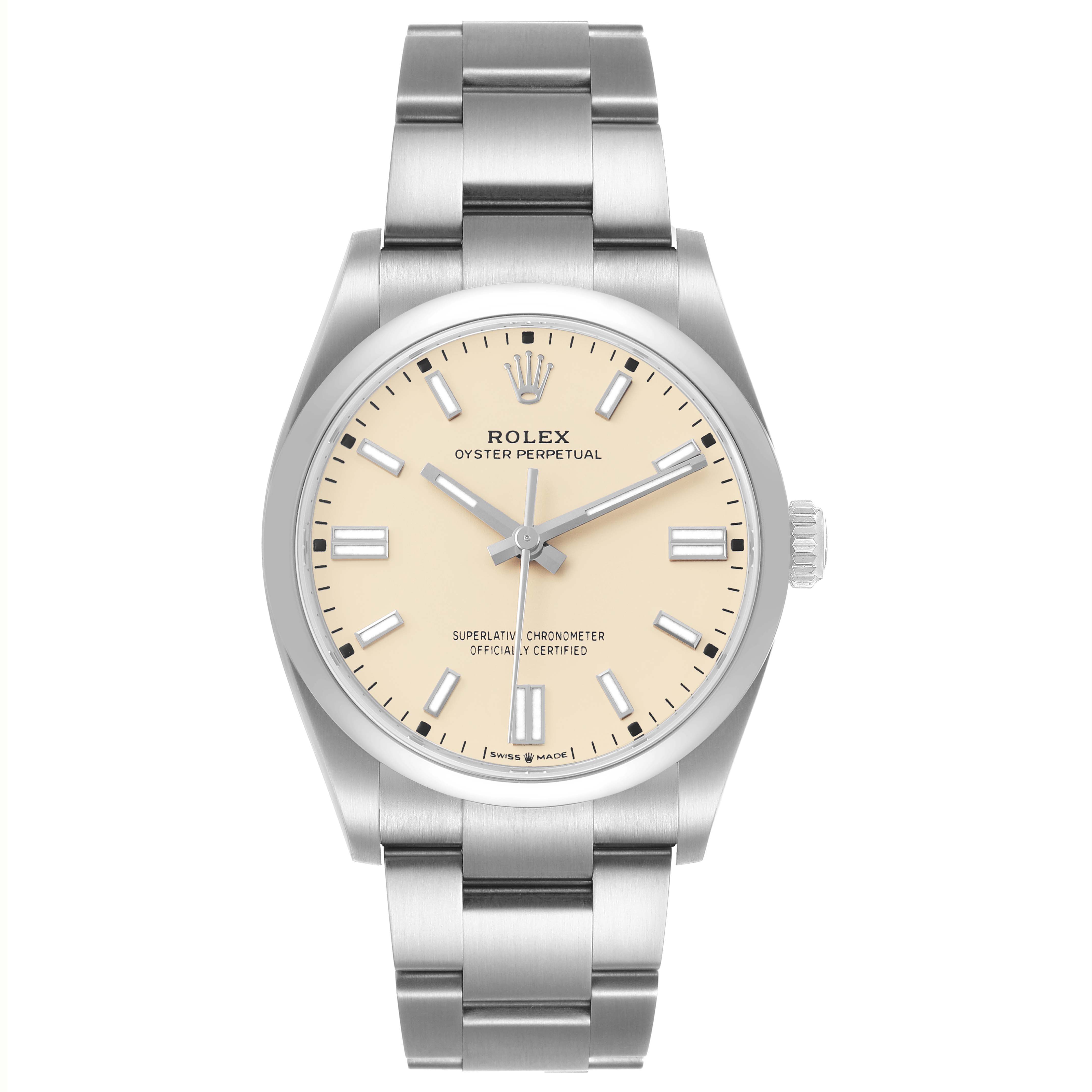 The Rolex Oyster Perpetual M126000-0001 Men's Stainless Steel Beige Dial watch is shown from a front view, displaying the dial, crown, and bracelet clearly.