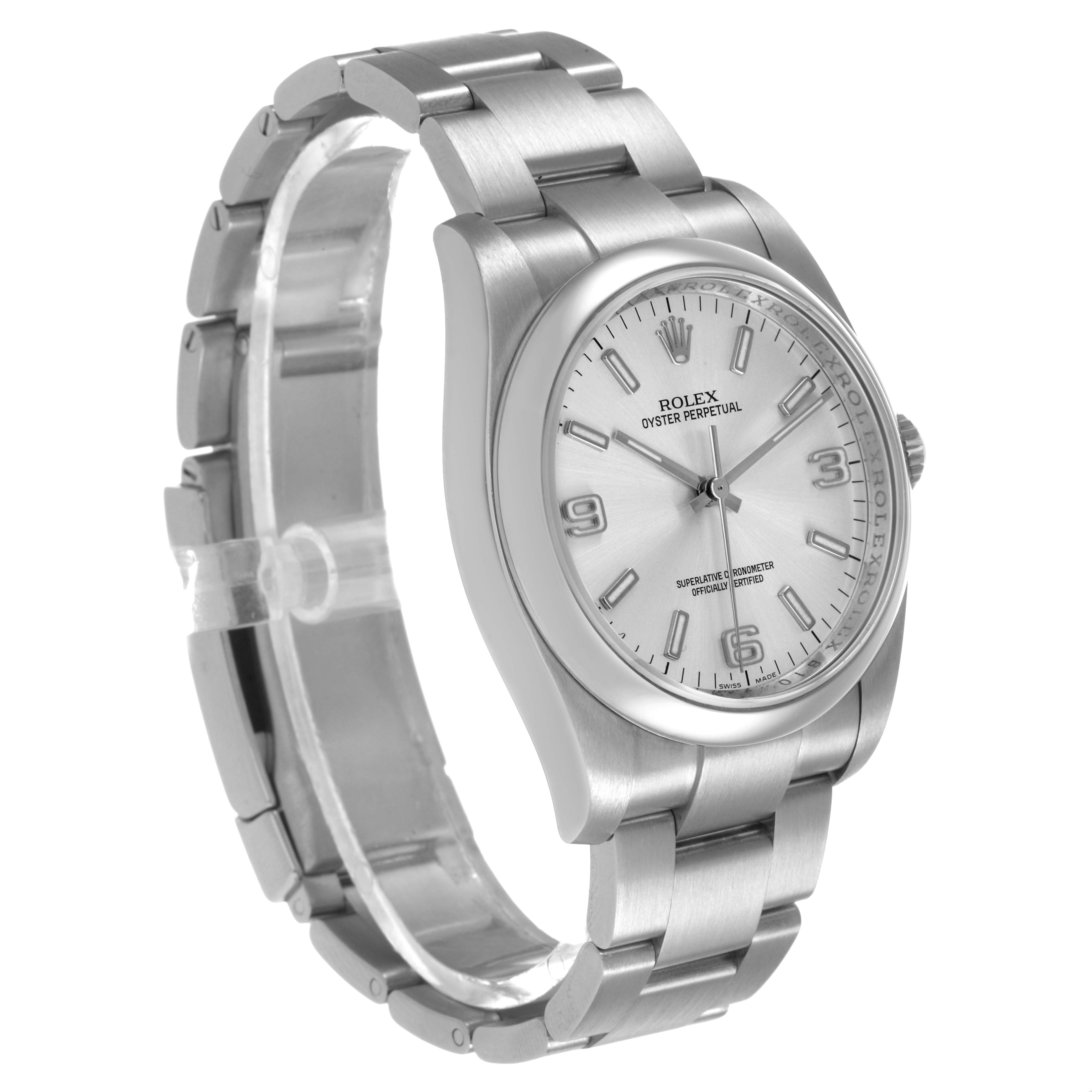 The Rolex Oyster Perpetual 116000 Men's Stainless Steel Silver Dial watch is shown at a three-quarter angle, displaying the face, bezel, crown, and bracelet.