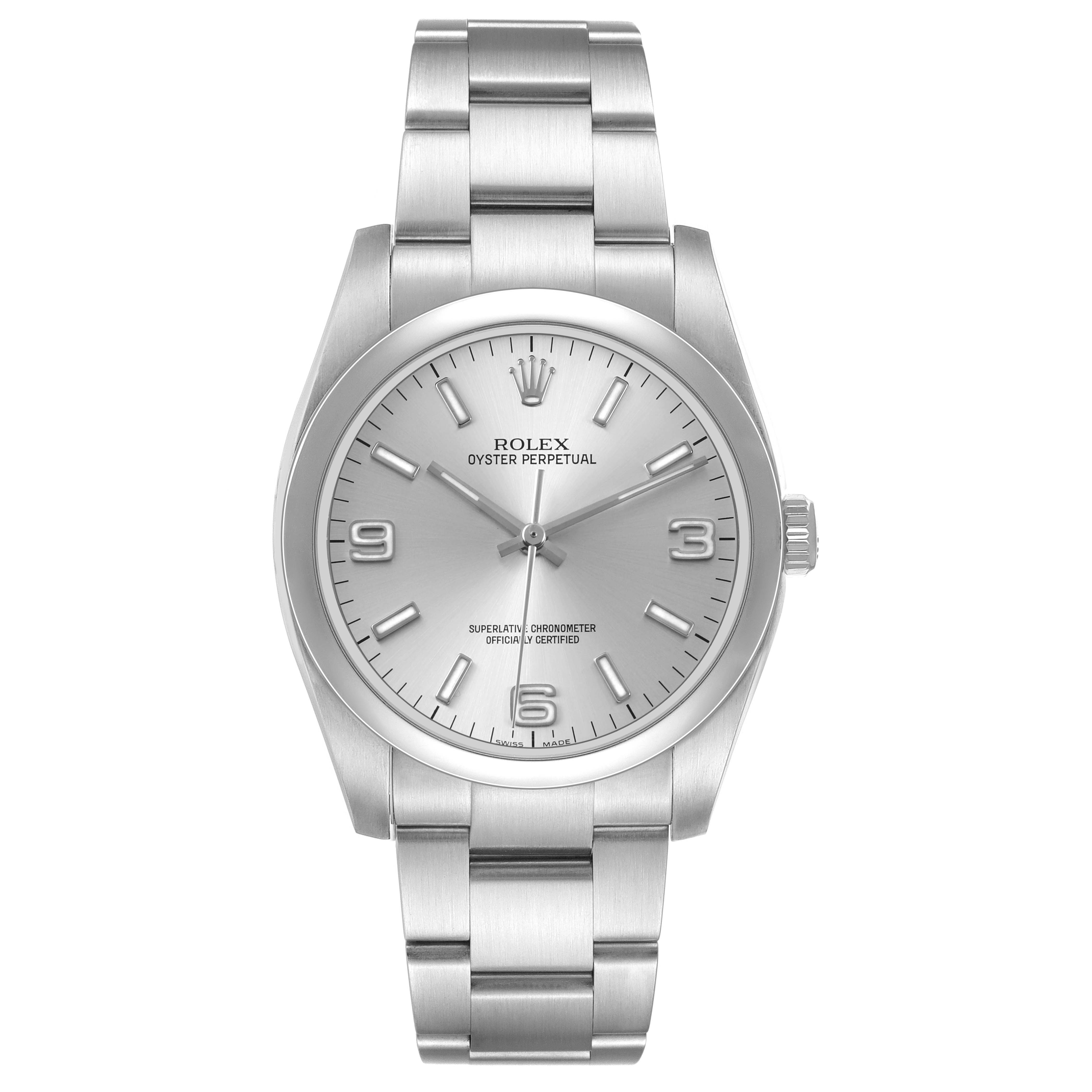 The Rolex Oyster Perpetual 116000 Men's Stainless Steel Silver Dial watch is shown from a front angle, displaying its dial, bezel, and bracelet in full view.