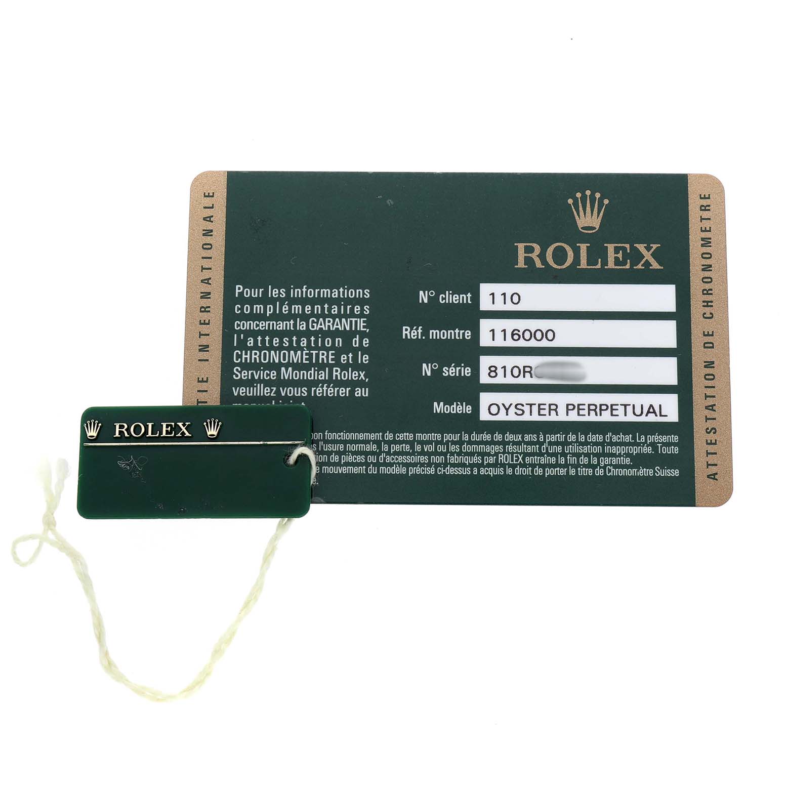 The image shows a Rolex Oyster Perpetual 116000 Men's Stainless Steel Silver Dial warranty card and a hang tag.