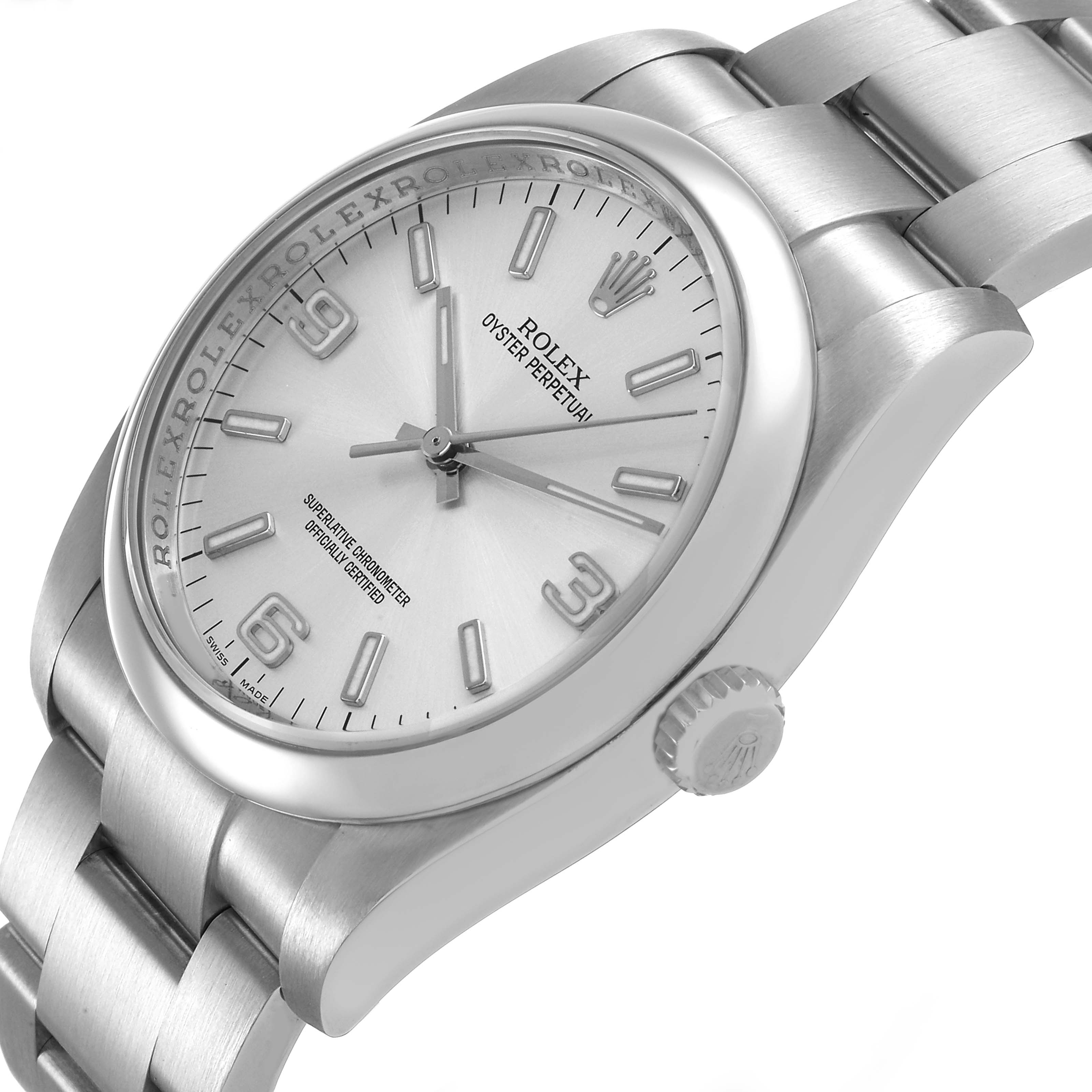 The Rolex Oyster Perpetual 116000 Men's Stainless Steel Silver Dial watch is shown at an angle highlighting the dial, crown, and bracelet.