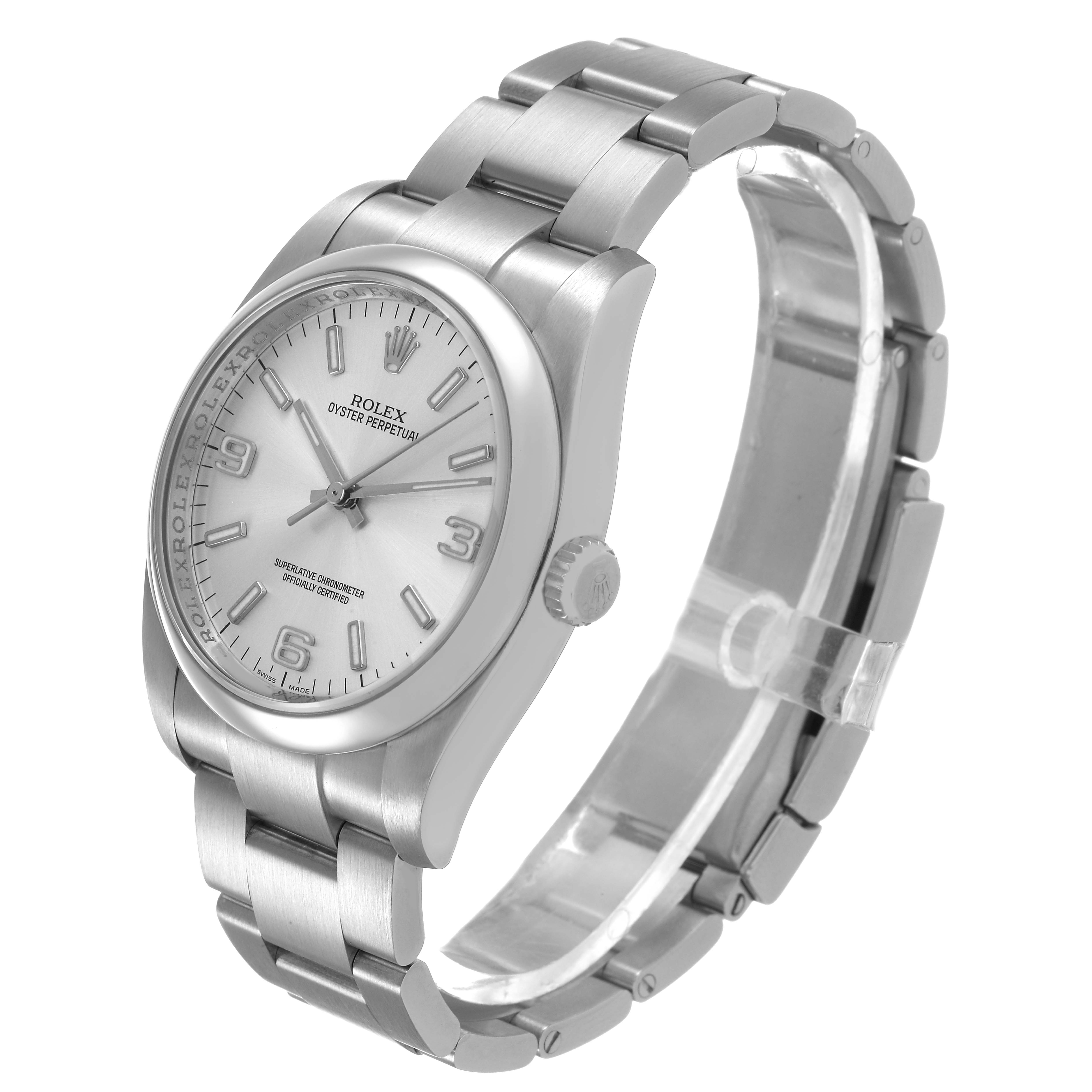 The Rolex Oyster Perpetual 116000 Men's Stainless Steel Silver Dial watch is shown from a side angle, highlighting the case, dial, bracelet, and crown.