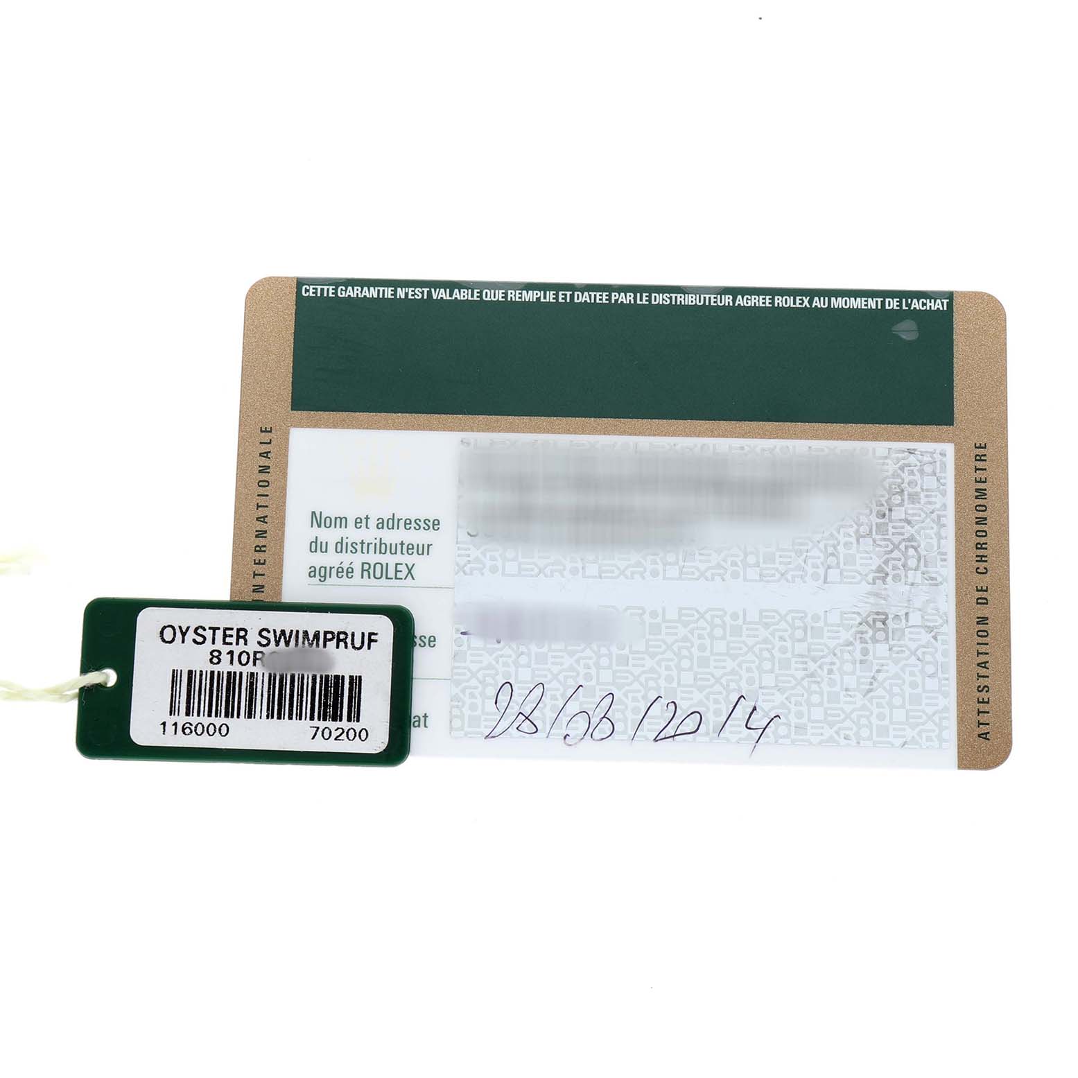 The image shows a warranty card and tag for the Rolex Oyster Perpetual 116000 Men's Stainless Steel Silver Dial, not the watch itself.