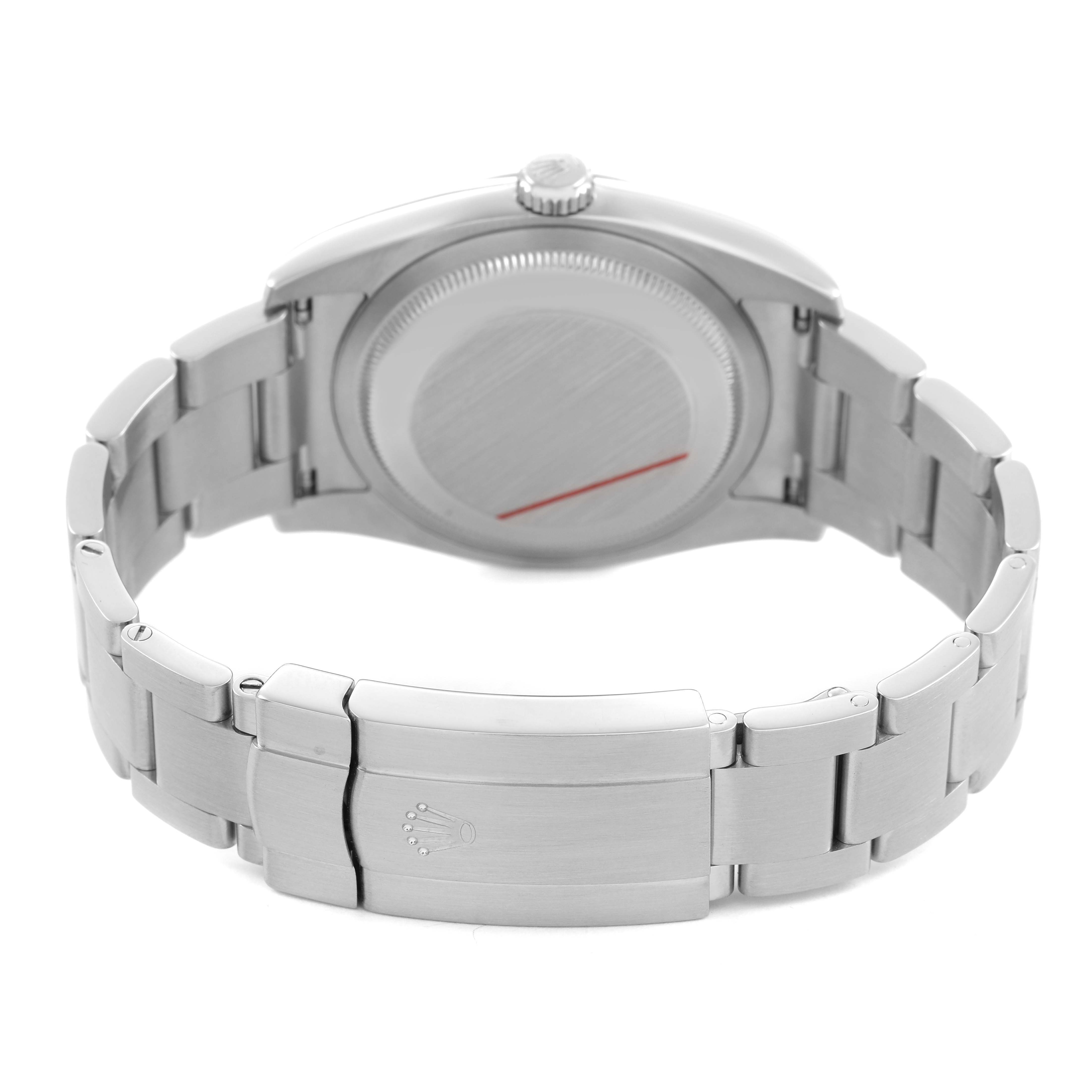 The image shows the back of a Rolex Oyster Perpetual 116000 Men's Stainless Steel Silver Dial watch, with emphasis on the case back and closed clasp.