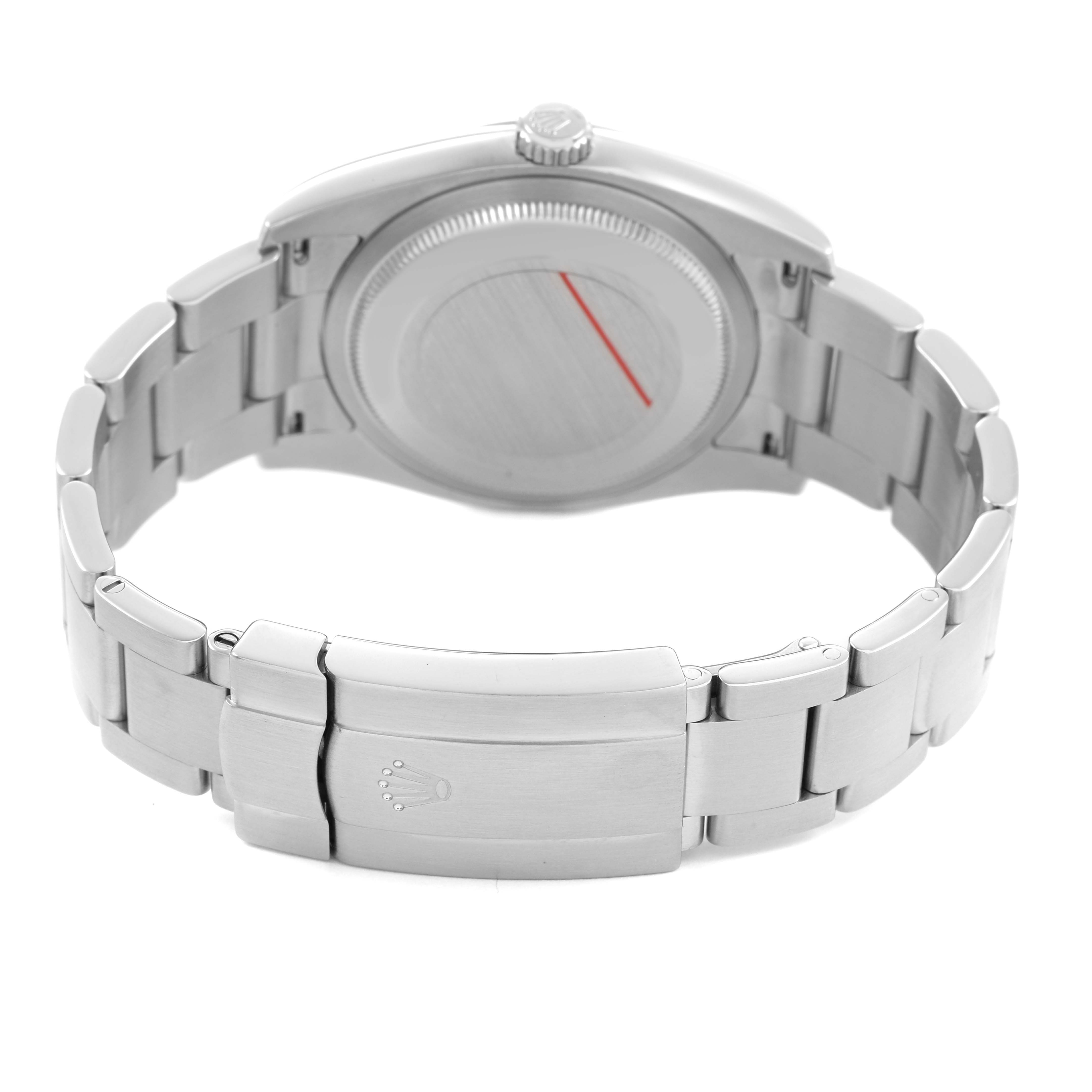The image shows the back and clasp of a Rolex Oyster Perpetual 116000 Men's Stainless Steel Silver Dial watch from a rear angle.