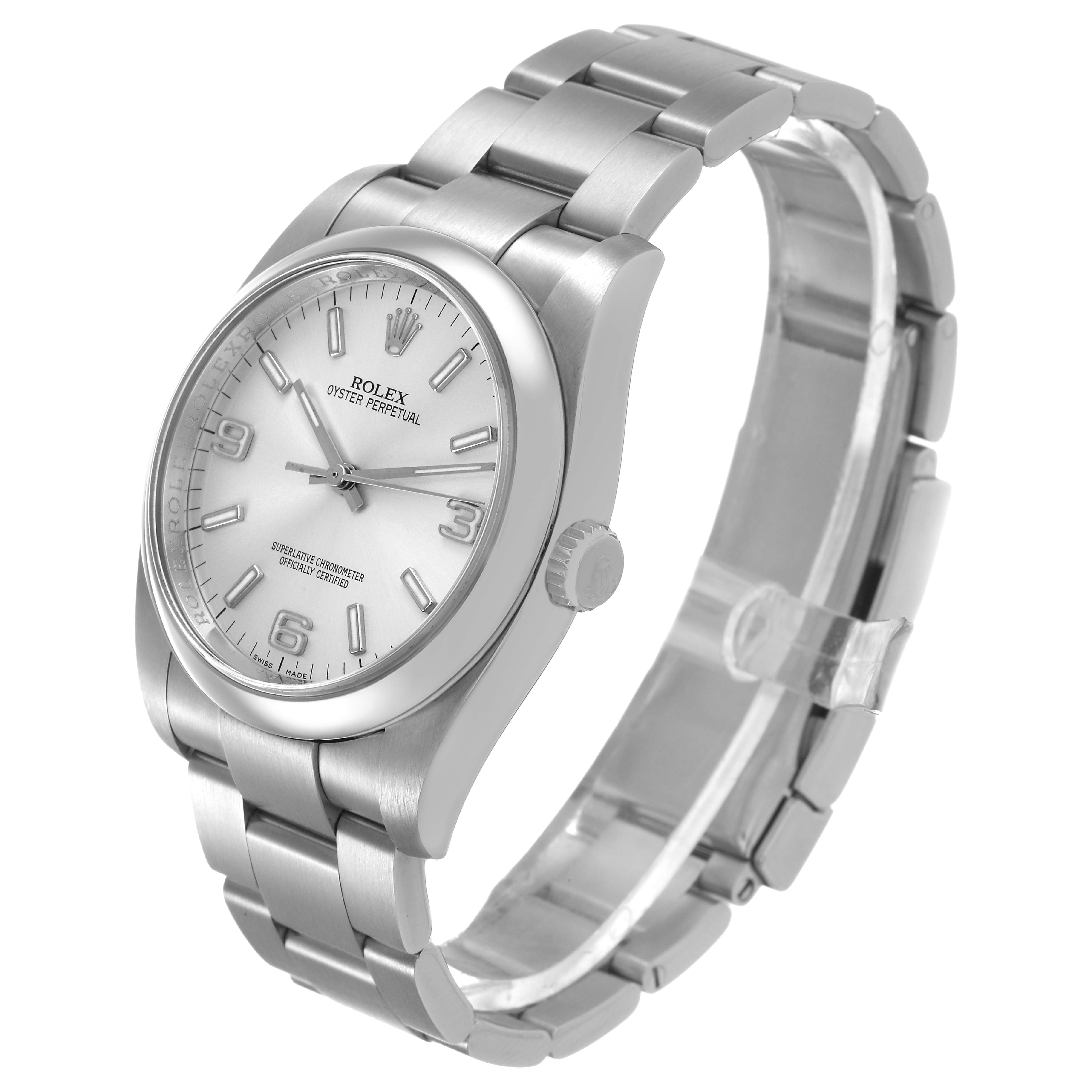 The image shows a side view of the Rolex Oyster Perpetual 116000 Men's Stainless Steel Silver Dial, highlighting the dial, bezel, crown, and bracelet.