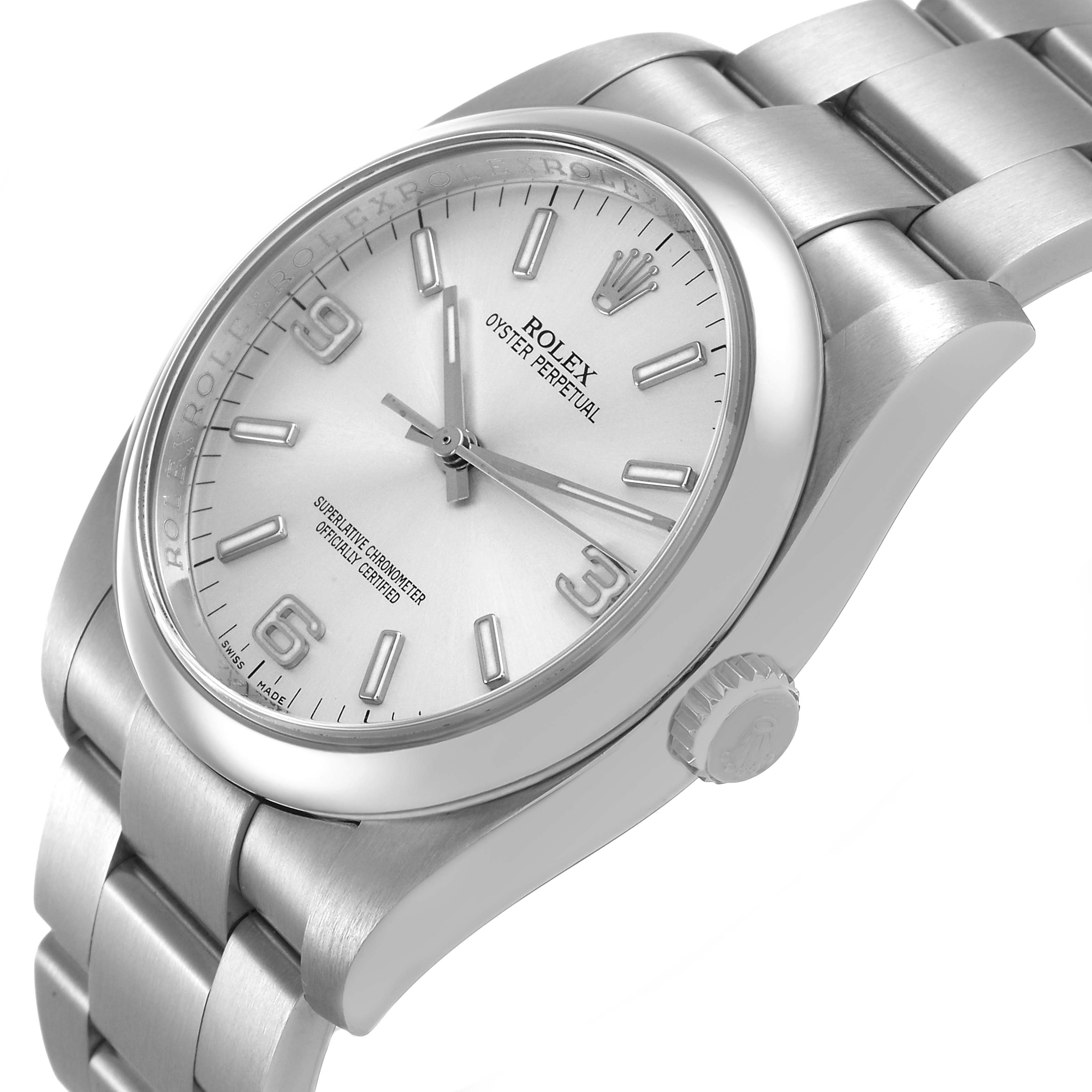 The Rolex Oyster Perpetual 116000 Men's Stainless Steel Silver Dial watch is shown at a slight angle displaying its dial, bezel, crown, and bracelet.