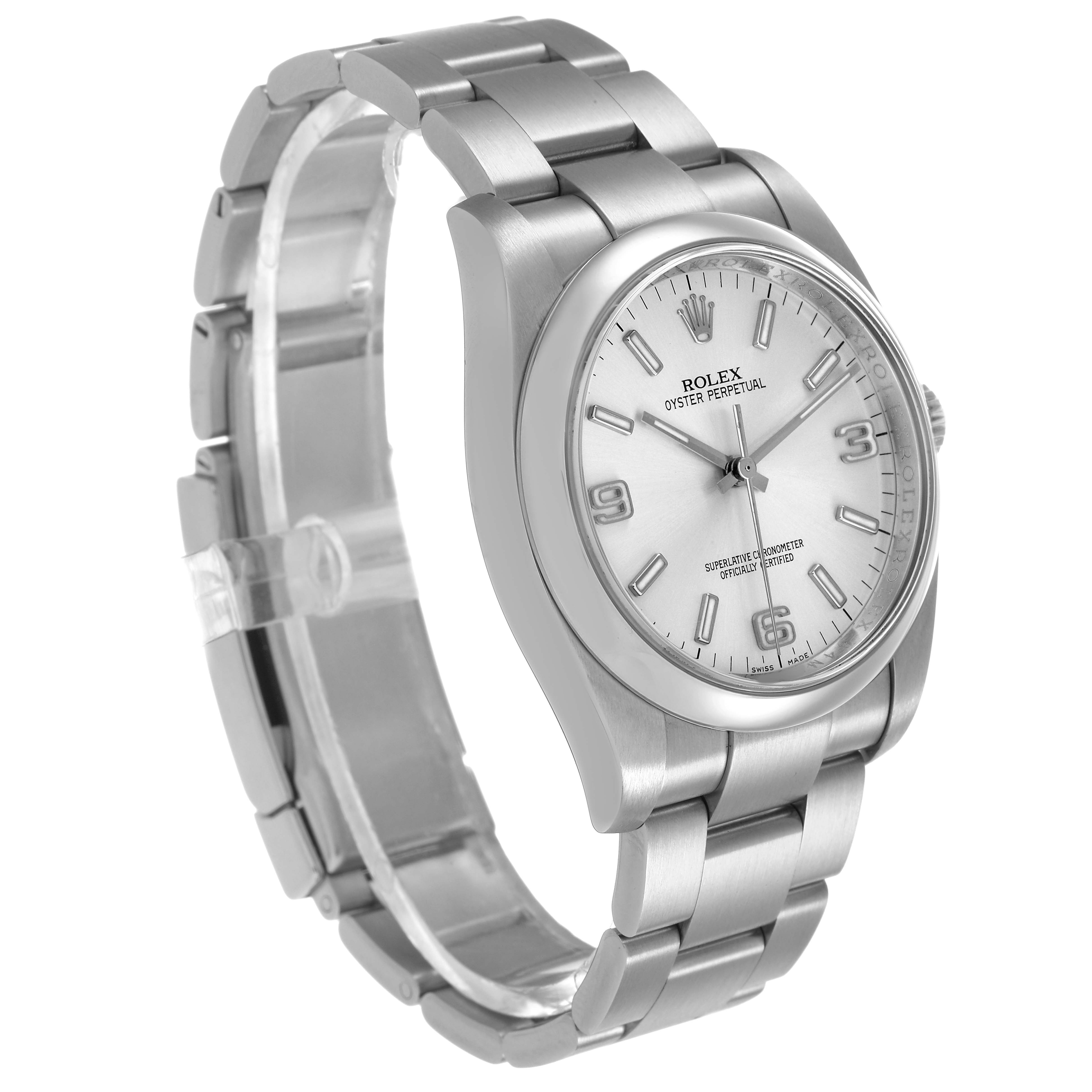 The image shows a Rolex Oyster Perpetual 116000 Men's Stainless Steel Silver Dial watch at a three-quarter angle, highlighting its face, bezel, and bracelet.