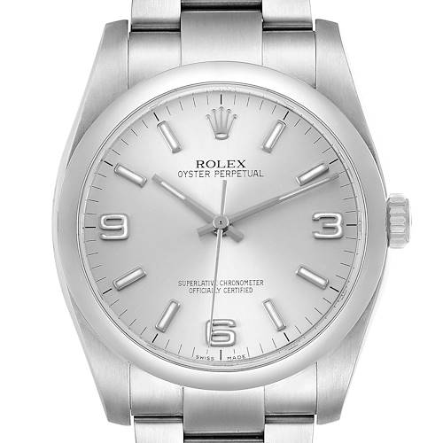 The Rolex Oyster Perpetual 116000 Men's Stainless Steel Silver Dial watch is shown from the front, displaying its dial, bezel, case, and bracelet links.