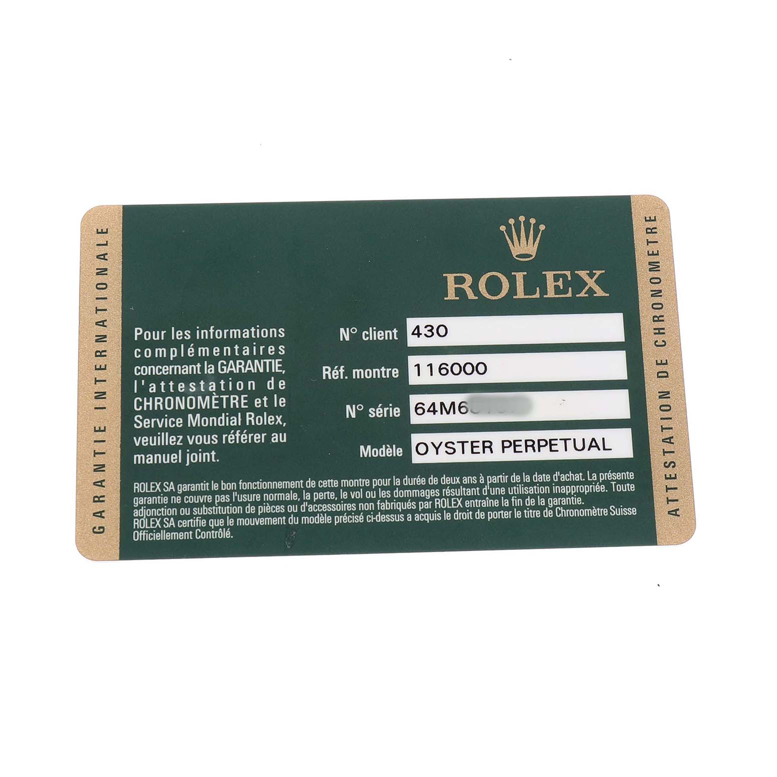 The image shows a warranty card for the Rolex Oyster Perpetual 116000 Men's Stainless Steel Silver Dial, displaying details like model and serial number.