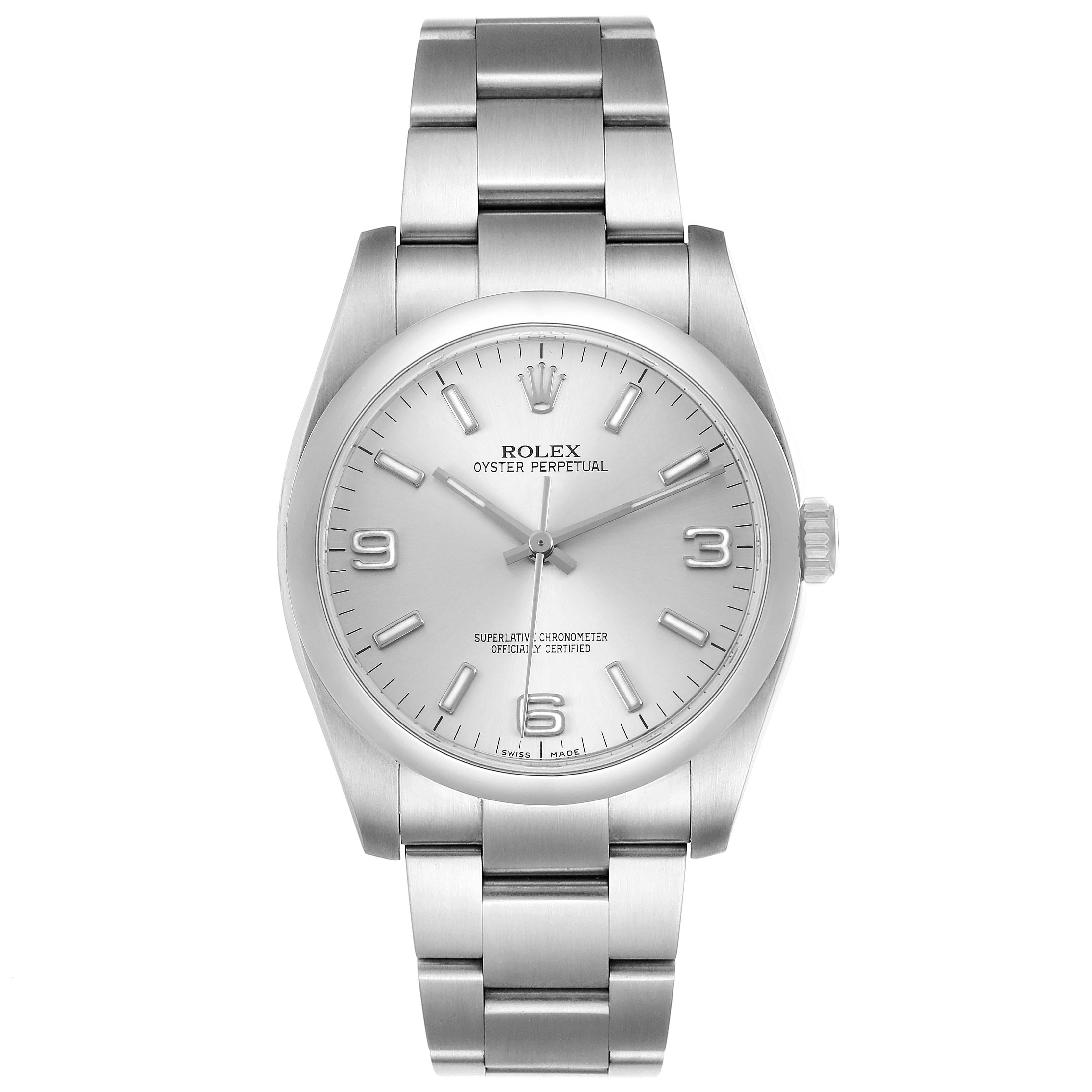 The Rolex Oyster Perpetual 116000 Men's Stainless Steel Silver Dial watch is shown from a front angle, displaying the face, bezel, and bracelet.