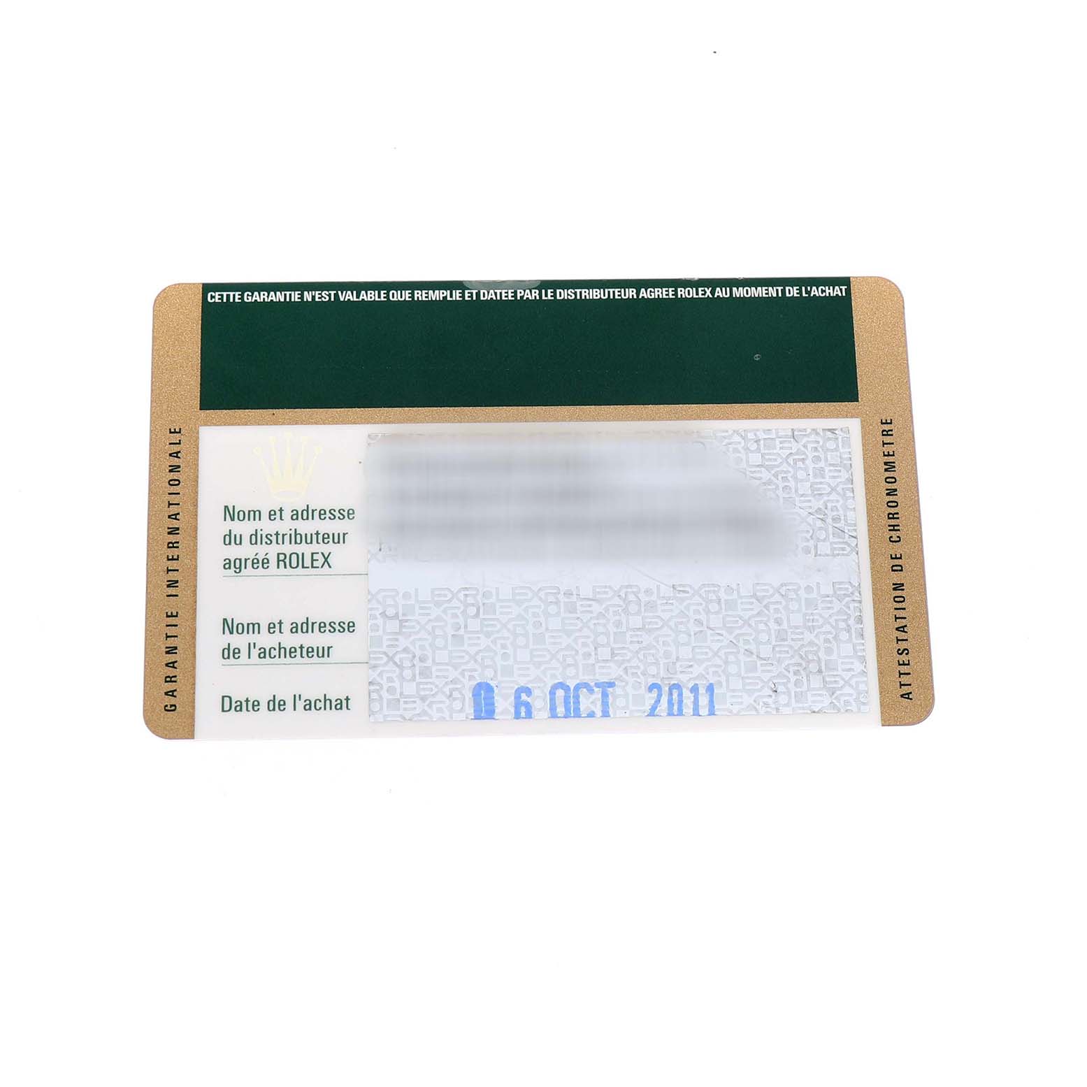 The image shows the warranty card for a Rolex Oyster Perpetual 116000 Men's Stainless Steel Silver Dial watch, displayed flat.