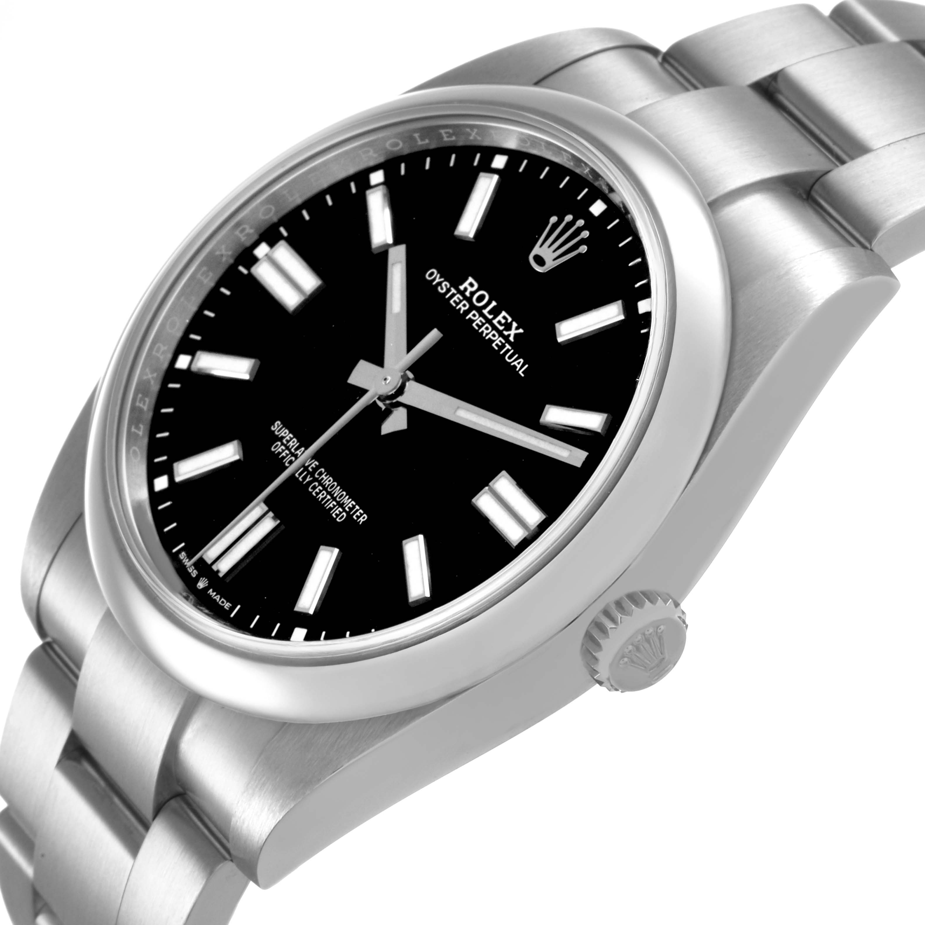 The Rolex Oyster Perpetual M124300-0002 Men's Stainless Steel Black Dial watch is shown at a slight side angle, displaying the face, bezel, crown, and part of the bracelet.