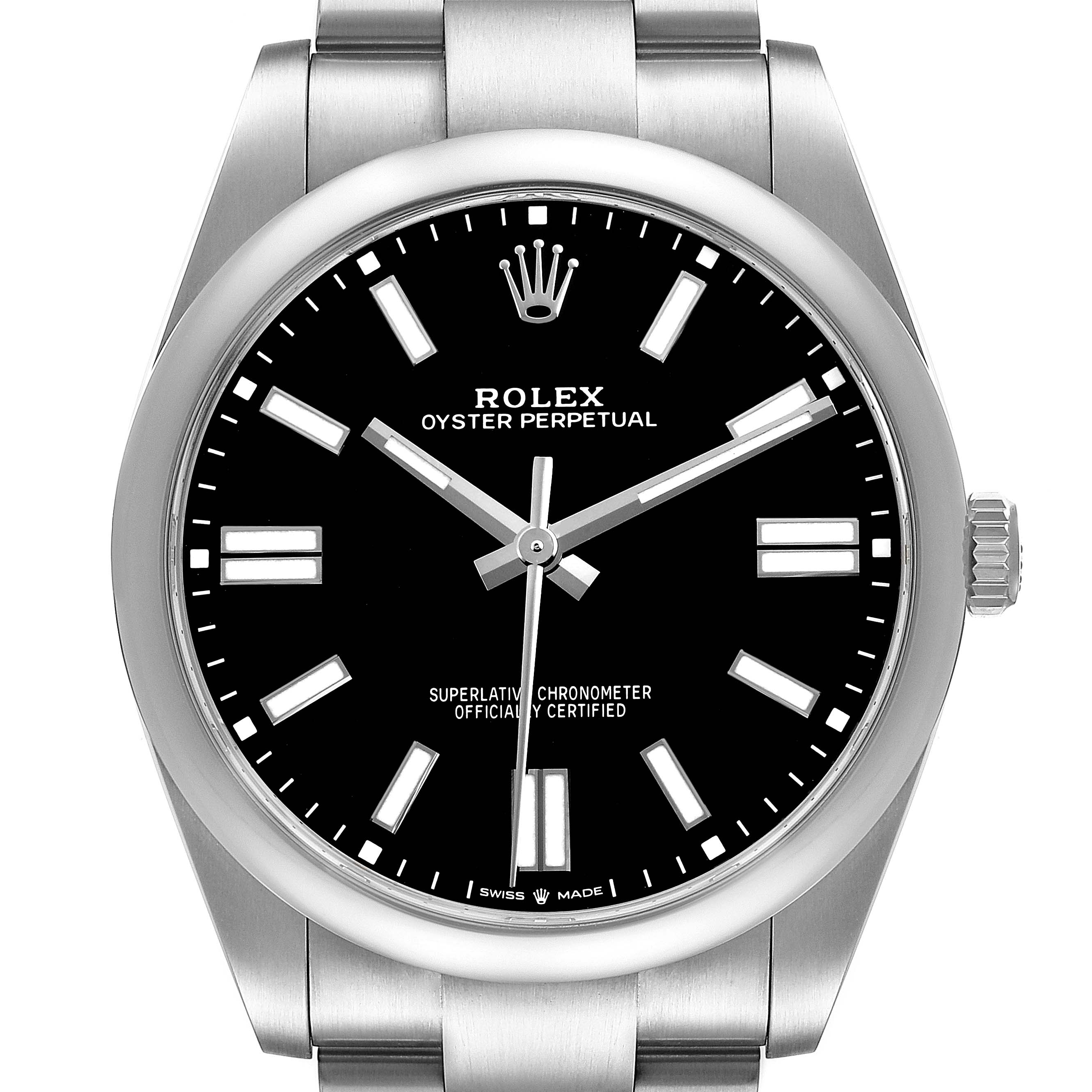 The Rolex Oyster Perpetual M124300-0002 Men's Stainless Steel Black Dial watch is shown from a front angle, highlighting its black dial and stainless steel bracelet.