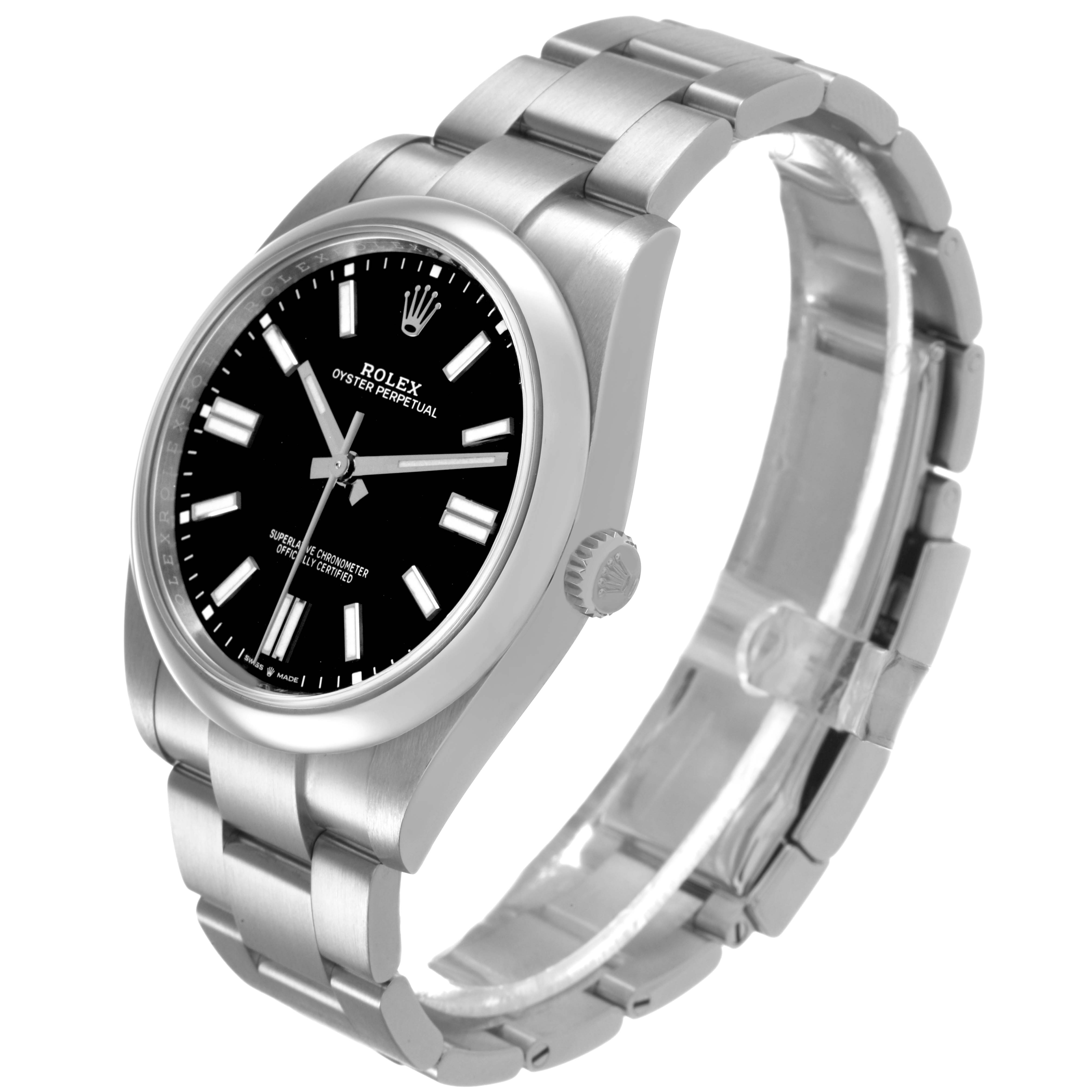 The Rolex Oyster Perpetual M124300-0002 Men's Stainless Steel Black Dial watch is shown at an angle, highlighting the face, bezel, crown, and bracelet.