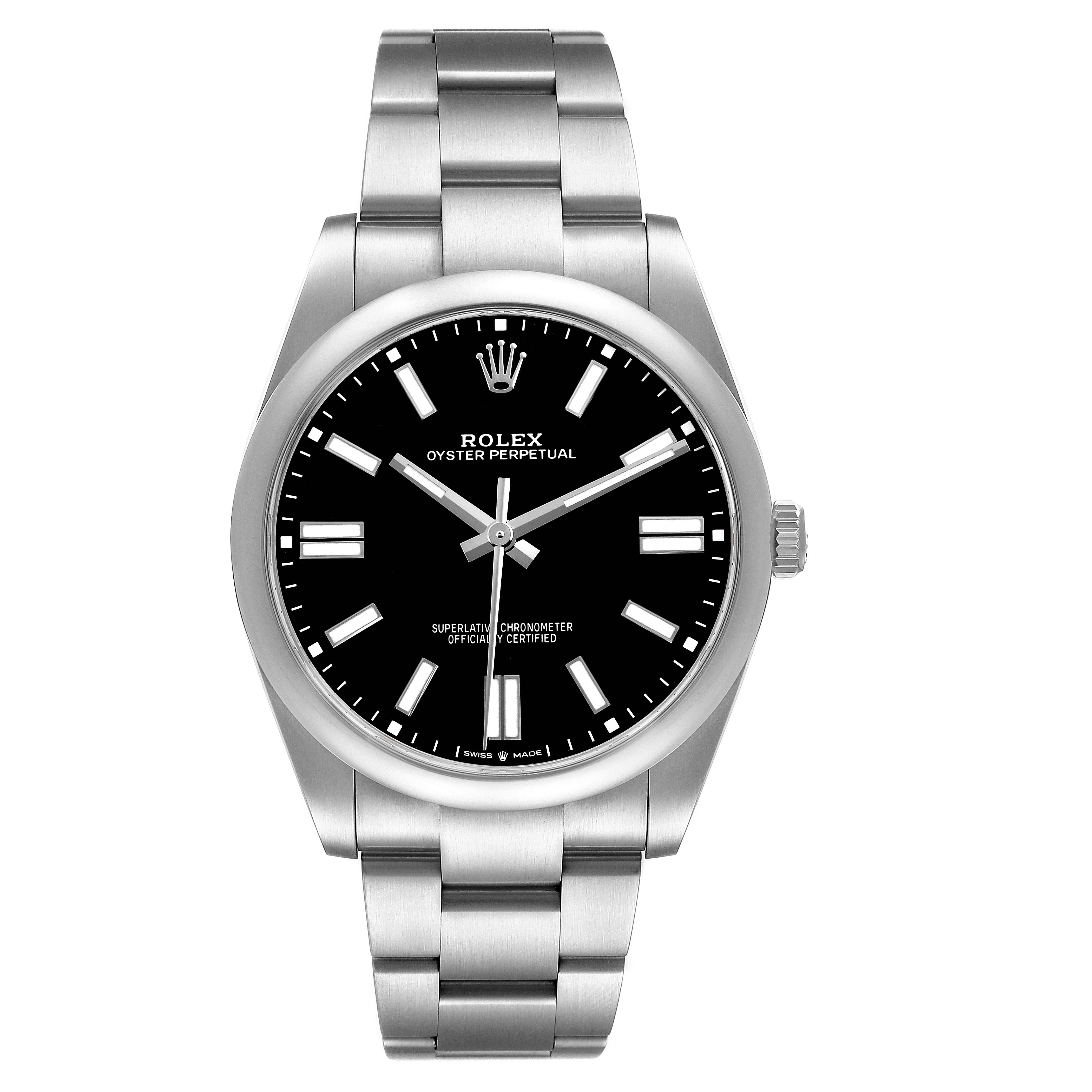 The image shows a front view of the Rolex Oyster Perpetual M124300-0002 Men's Stainless Steel Black Dial watch, highlighting the dial, bezel, bracelet, and crown.