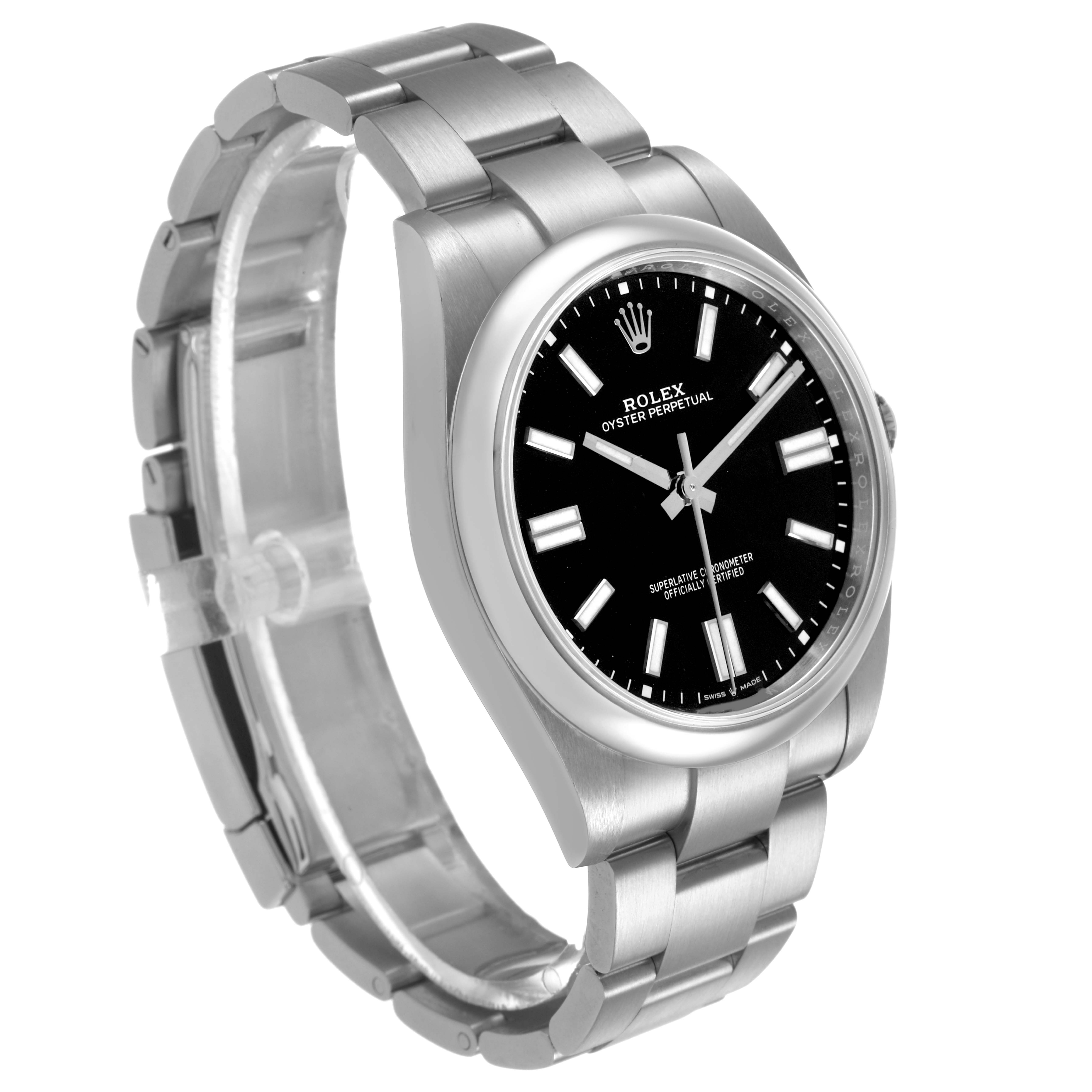The Rolex Oyster Perpetual M124300-0002 Men's Stainless Steel Black Dial watch is shown at a side angle, highlighting the bracelet, case, and black dial.