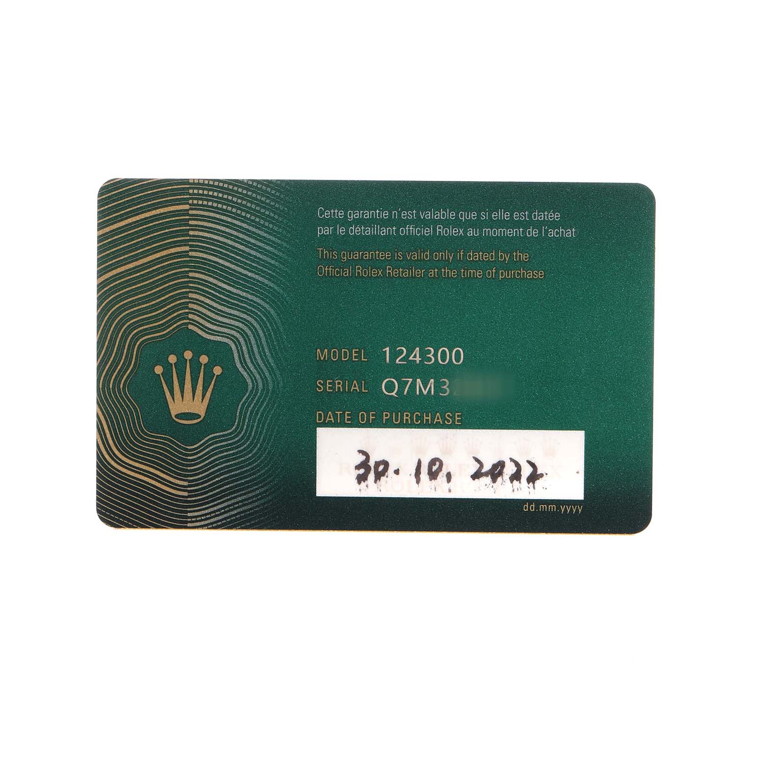 The image shows a warranty card for the Rolex Oyster Perpetual M124300-0002 Men's Stainless Steel Black Dial, model 124300, displaying the serial number and purchase date.