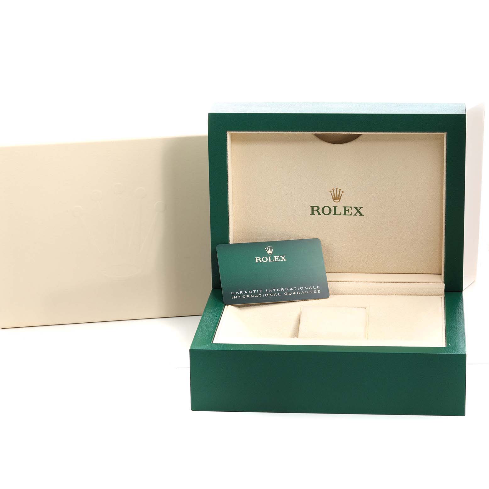 The image shows an open Rolex Oyster Perpetual M124300-0002 Men's Stainless Steel Black Dial watch box with a green warranty card inside.