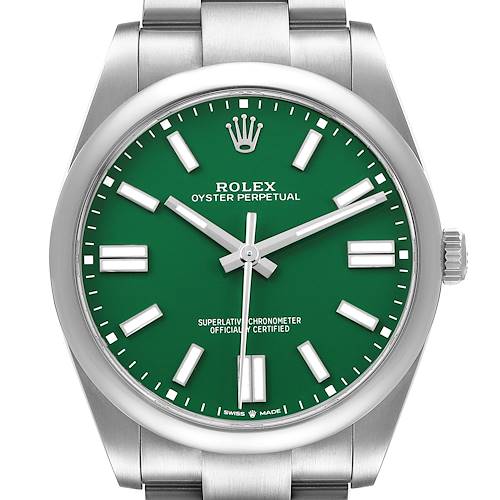 The Rolex Oyster Perpetual M124300-0005 Men's Stainless Steel Green Dial watch is shown from a front angle, displaying the green dial, hands, indices, and part of the bracelet.