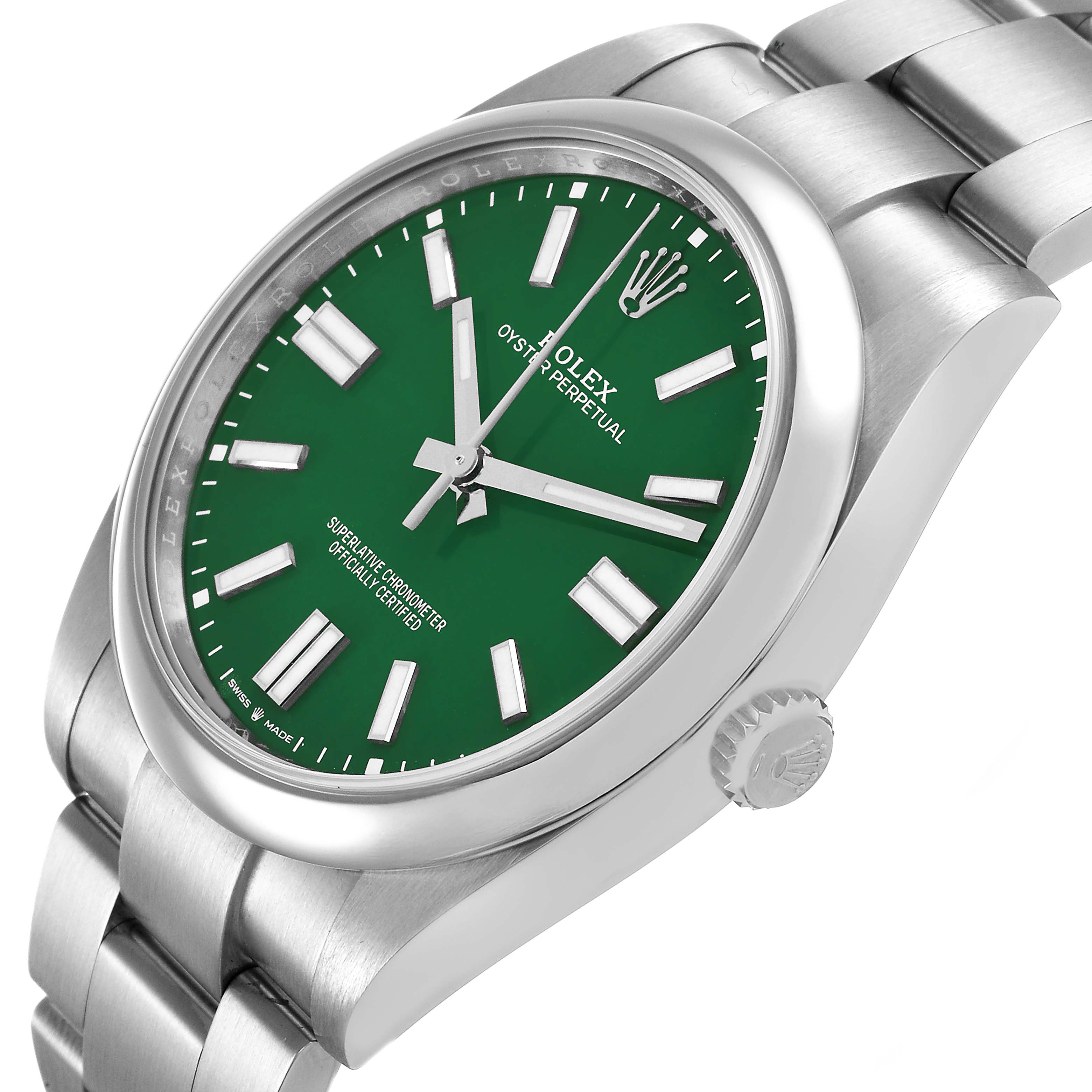 The Rolex Oyster Perpetual M124300-0005 Men's Stainless Steel Green Dial watch is shown at an angled side view, highlighting the green dial and the bracelet.