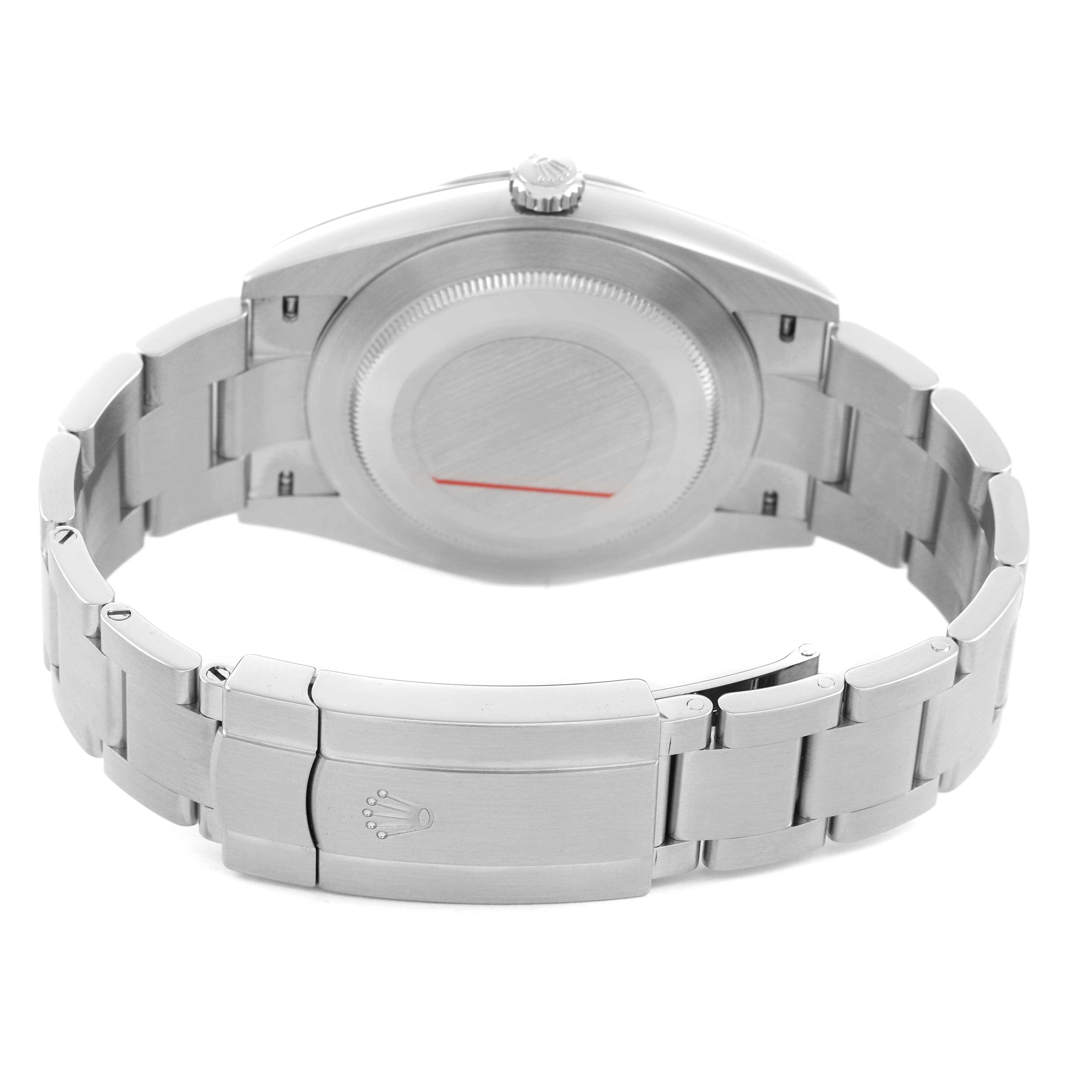The image shows the back case and bracelet of the Rolex Oyster Perpetual M124300-0005 Men's Stainless Steel Green Dial watch from a rear angle.