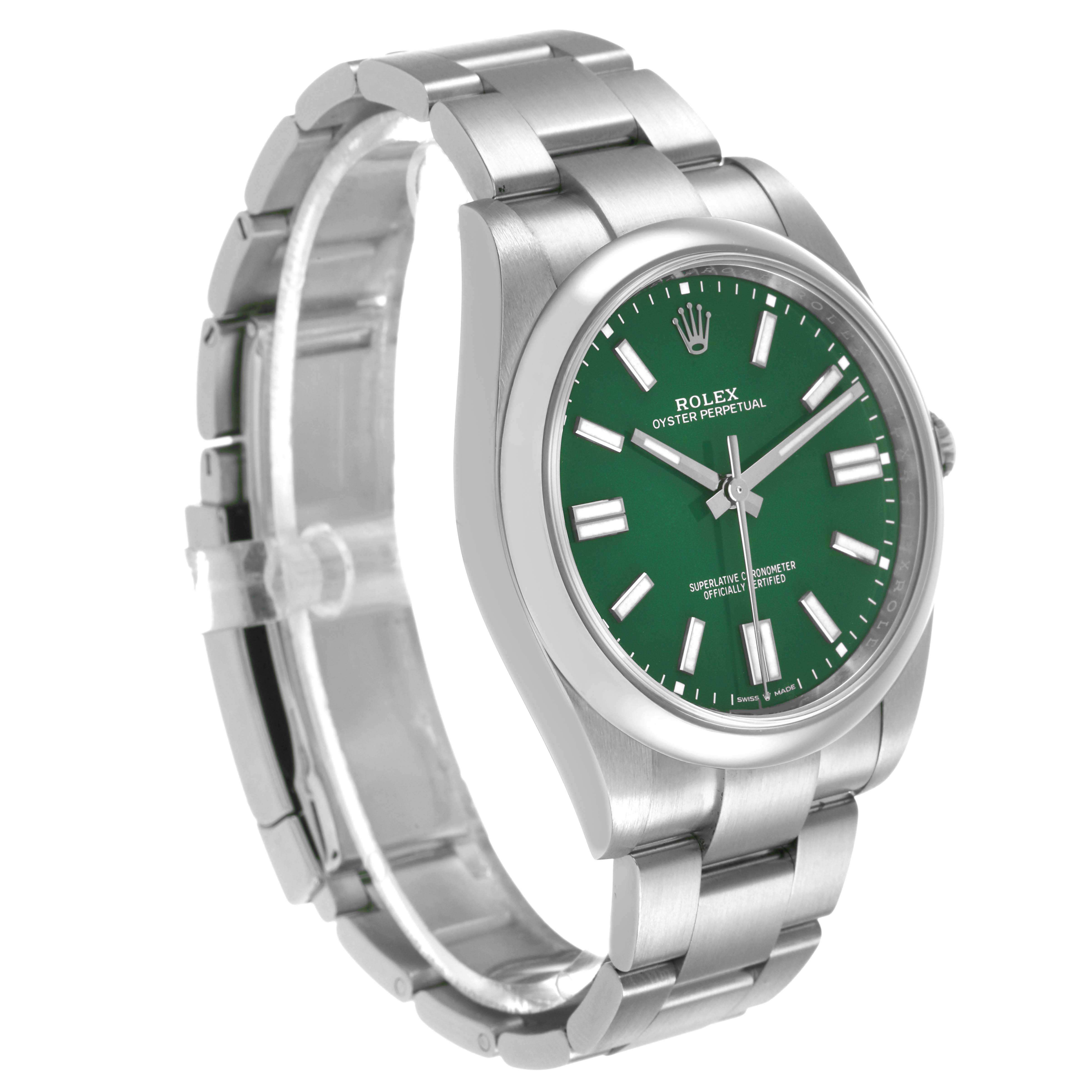 The Rolex Oyster Perpetual M124300-0005 Men's Stainless Steel Green Dial is shown from a three-quarter angle, displaying its green dial, stainless steel case, and bracelet.