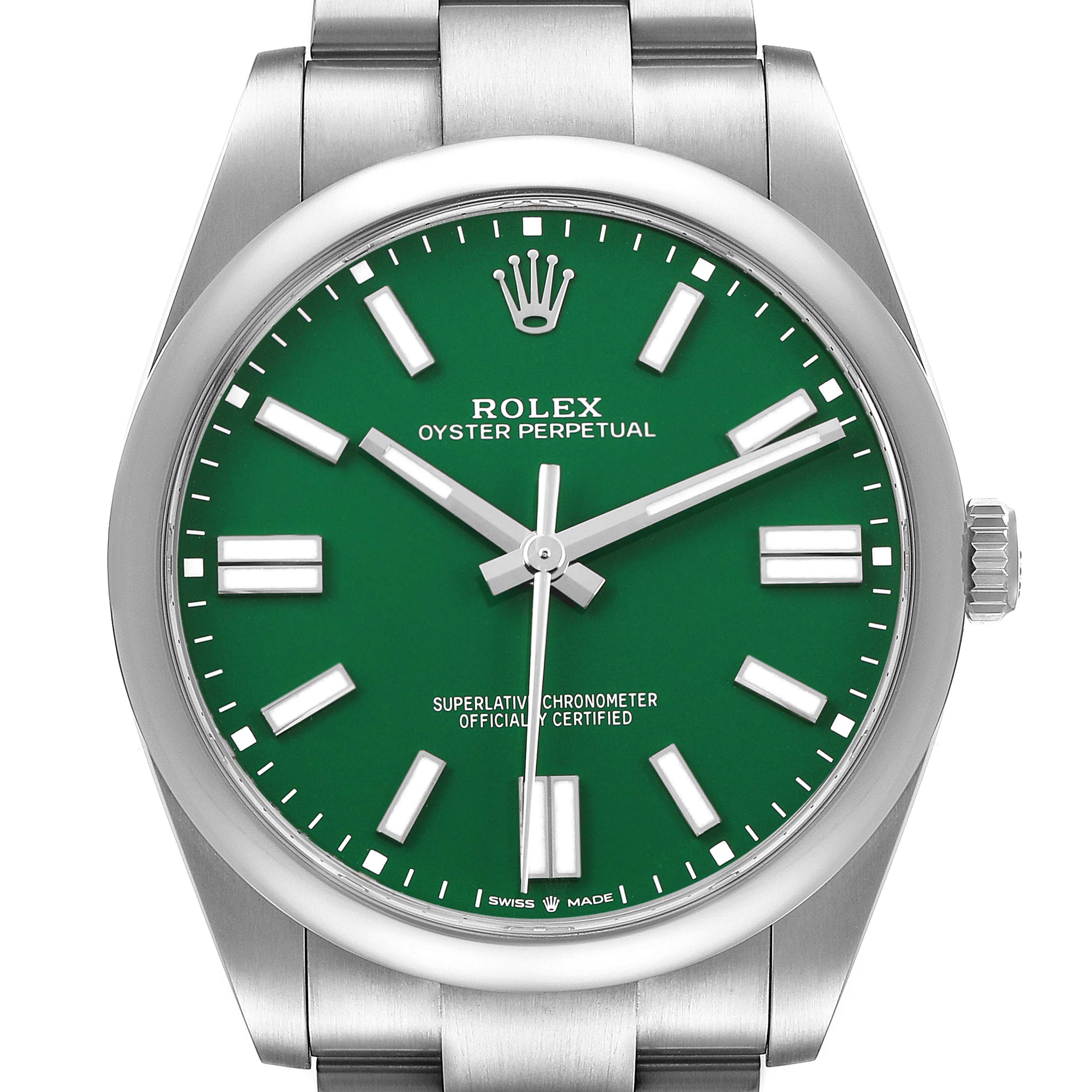 The image shows a front view of a Rolex Oyster Perpetual M124300-0005 Men's Stainless Steel Green Dial watch, highlighting its green dial, hour markers, and crown.