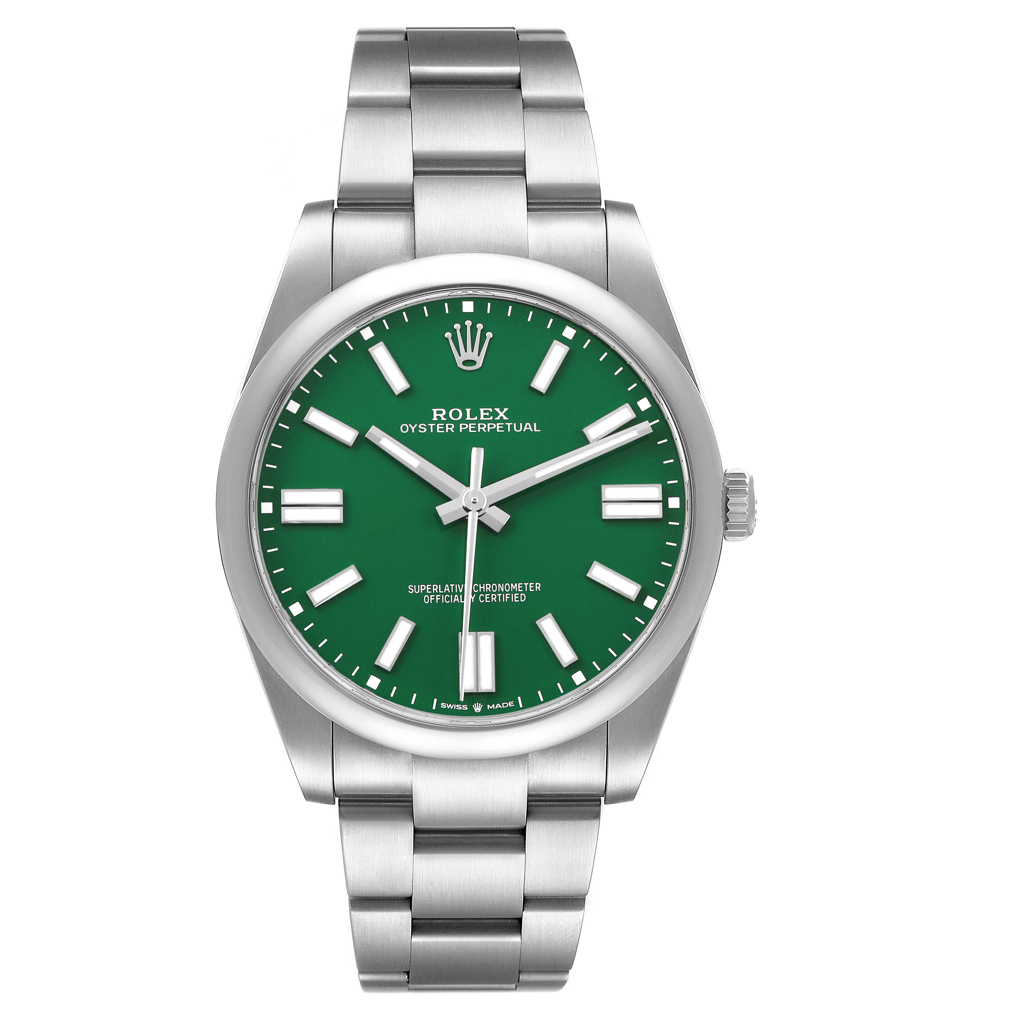 The Rolex Oyster Perpetual M124300-0005 Men's Stainless Steel Green Dial watch is shown from a front angle, displaying the green dial and silver bracelet.