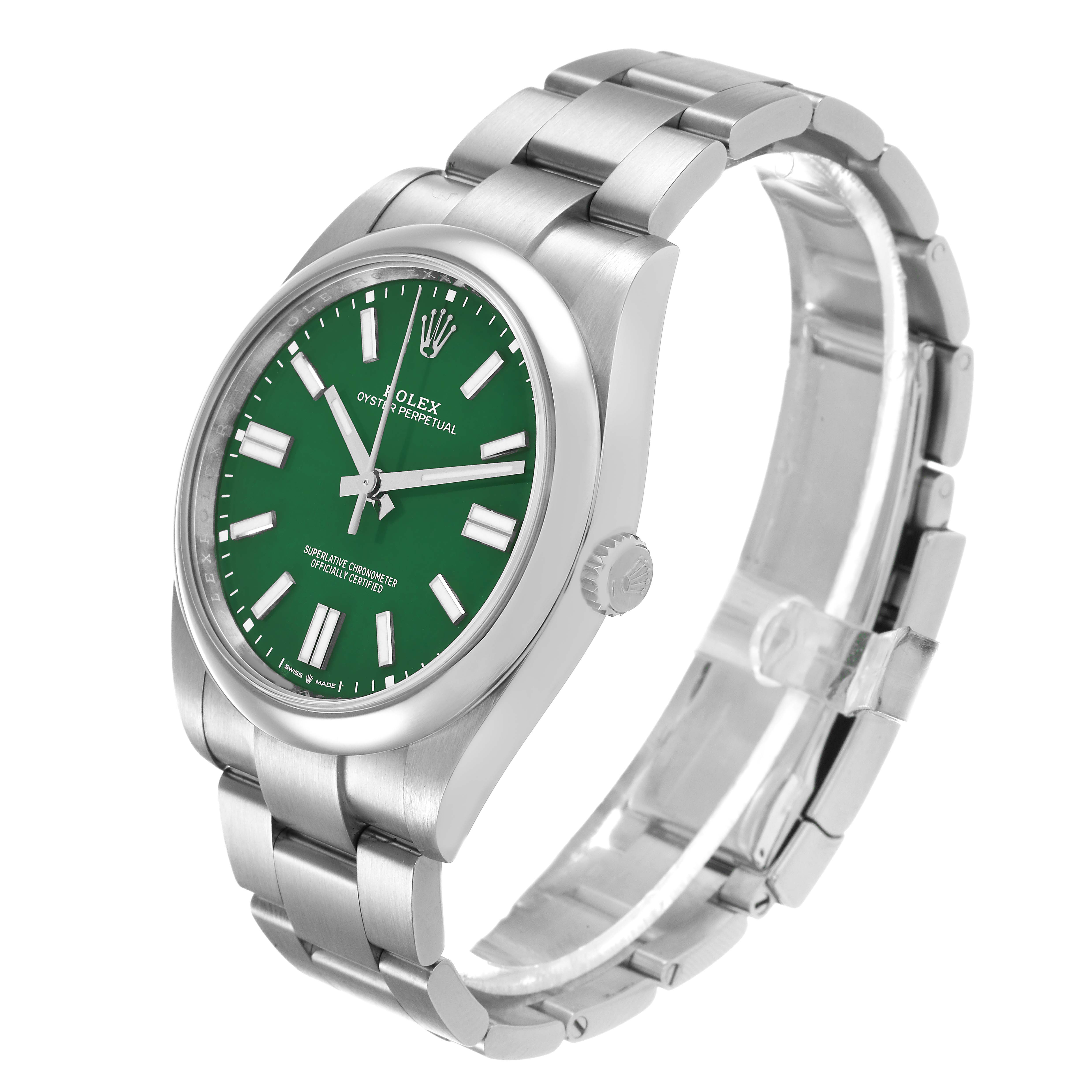 The Rolex Oyster Perpetual M124300-0005 Men's Stainless Steel Green Dial watch is shown at a three-quarter angle highlighting the green dial, case, and bracelet.