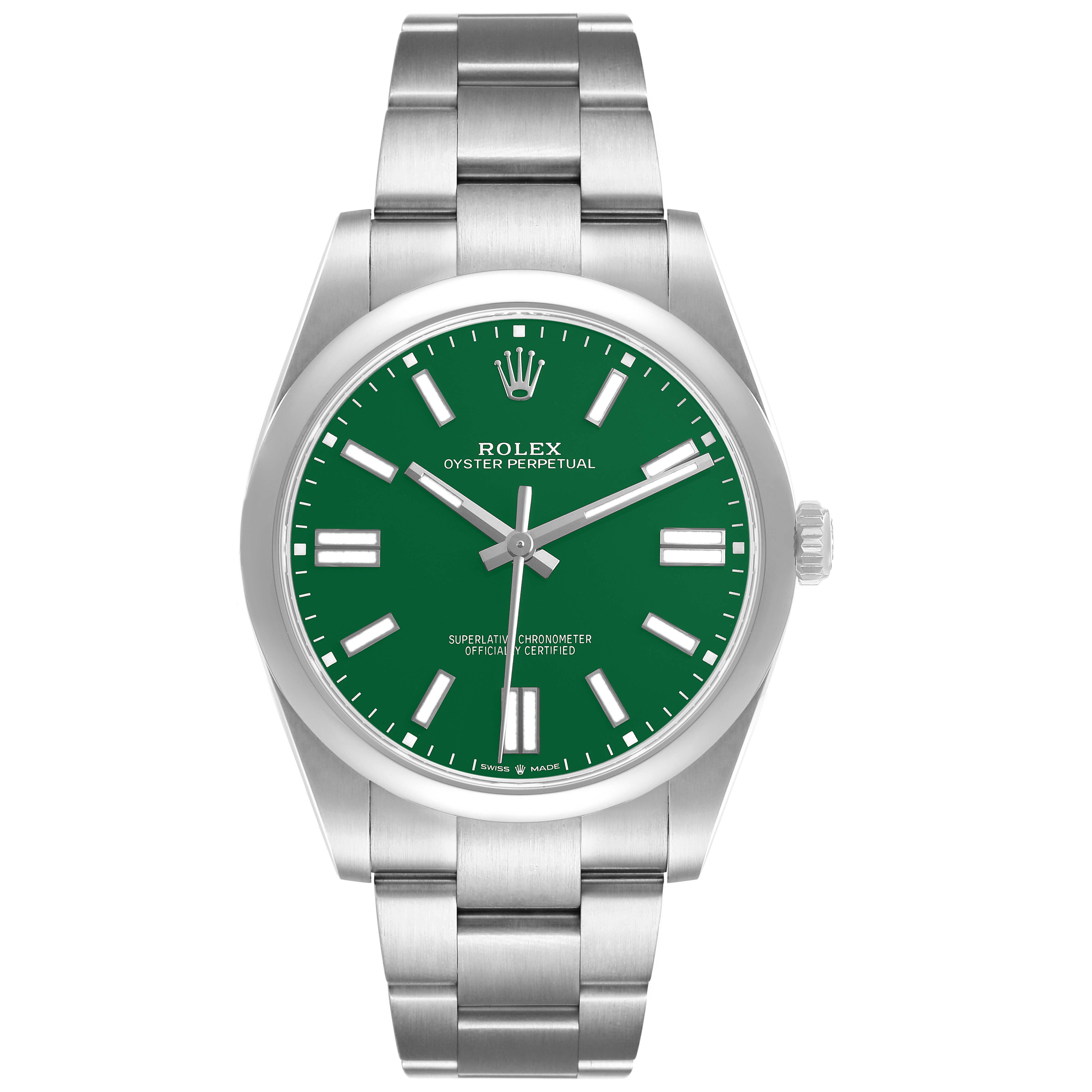 The Rolex Oyster Perpetual M124300-0005 Men's Stainless Steel Green Dial watch is shown from the front, highlighting the green dial, hour markers, and stainless steel bracelet.