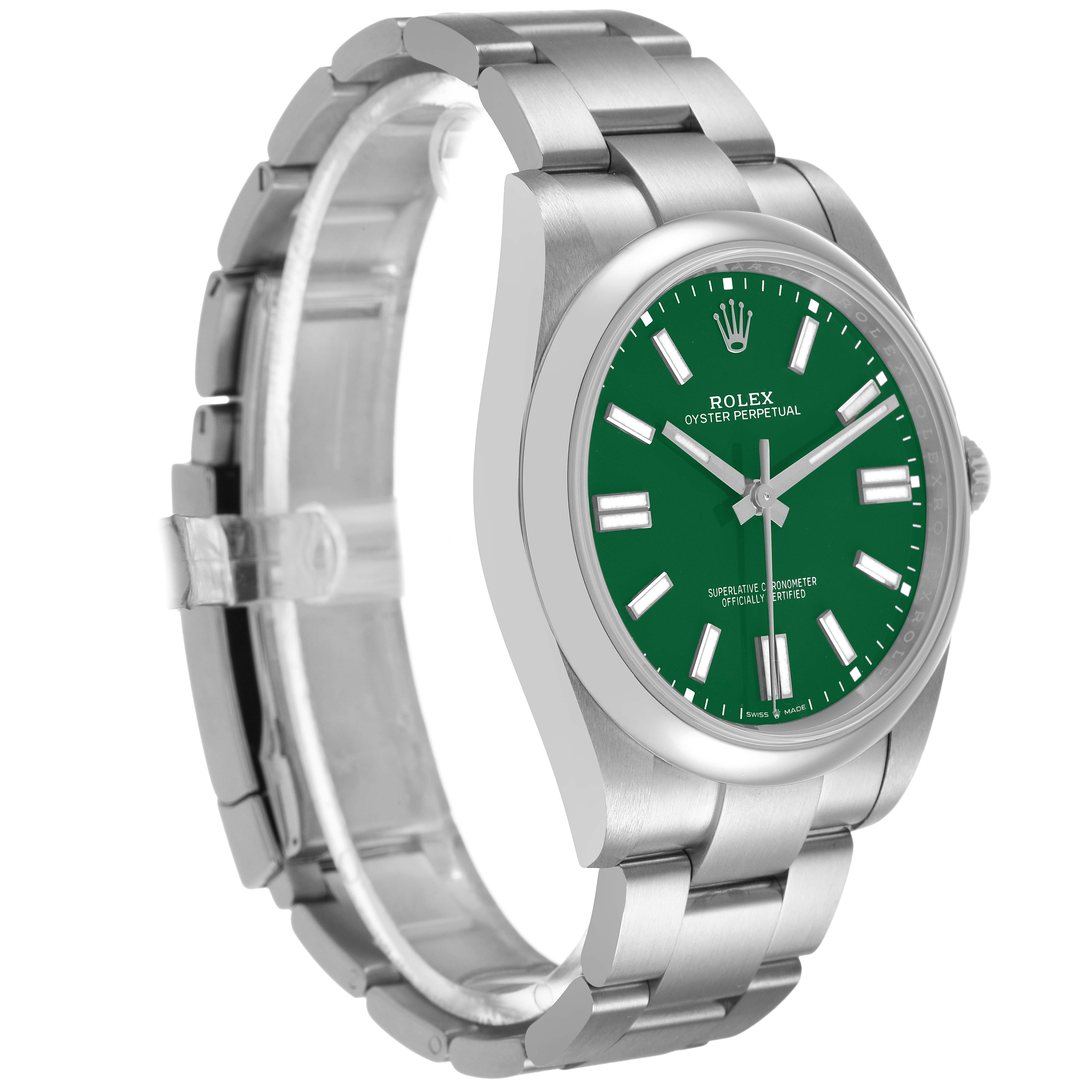 The Rolex Oyster Perpetual M124300-0005 Men's Stainless Steel Green Dial watch is shown at a three-quarter angle, highlighting the green dial, stainless steel bracelet, and case.
