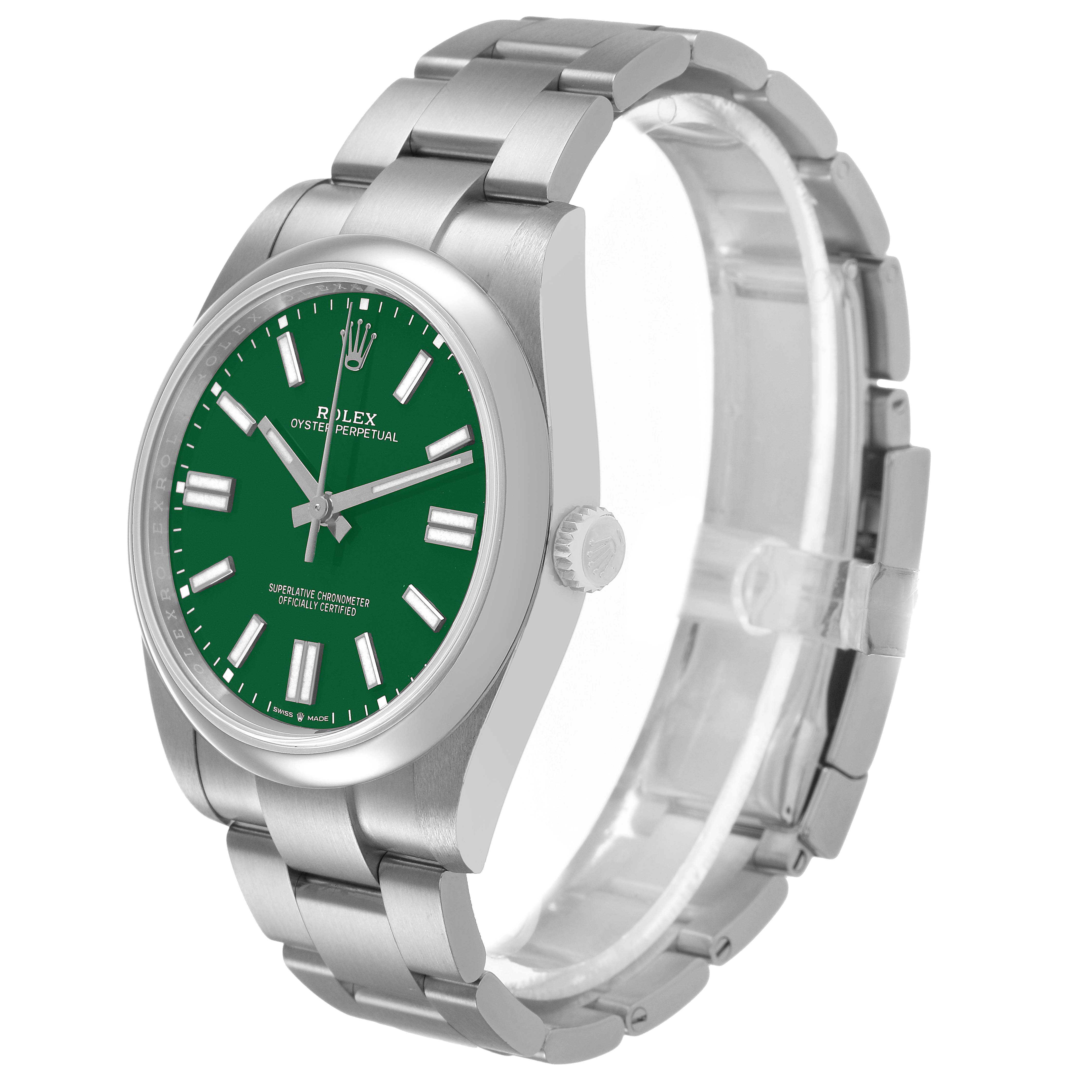 The Rolex Oyster Perpetual M124300-0005 Men's Stainless Steel Green Dial watch is shown at a three-quarter angle, highlighting the green dial, crown, and stainless steel bracelet.