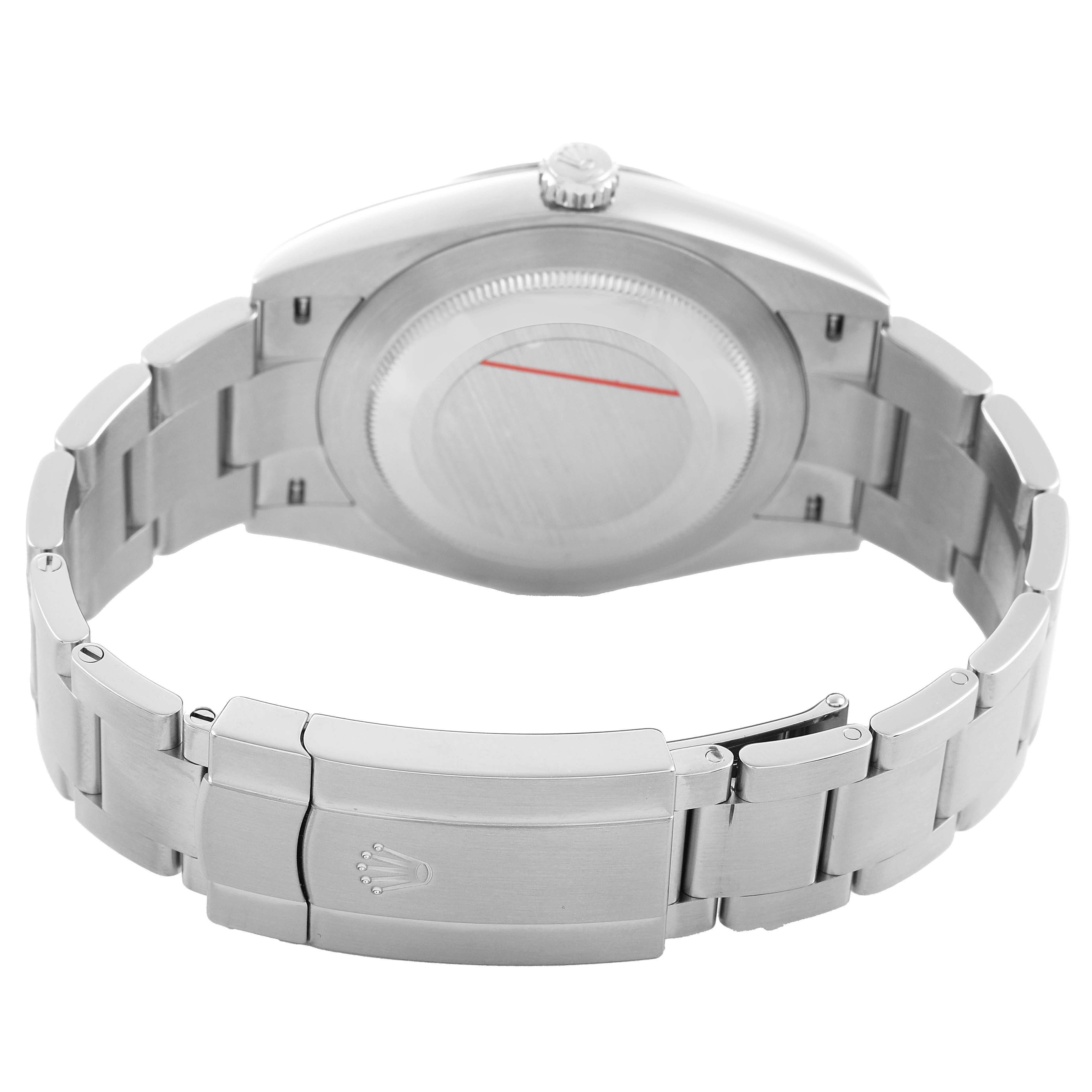 The image shows the back view of a Rolex Oyster Perpetual M124300-0005 Men's Stainless Steel Green Dial, highlighting the case back and bracelet clasp.
