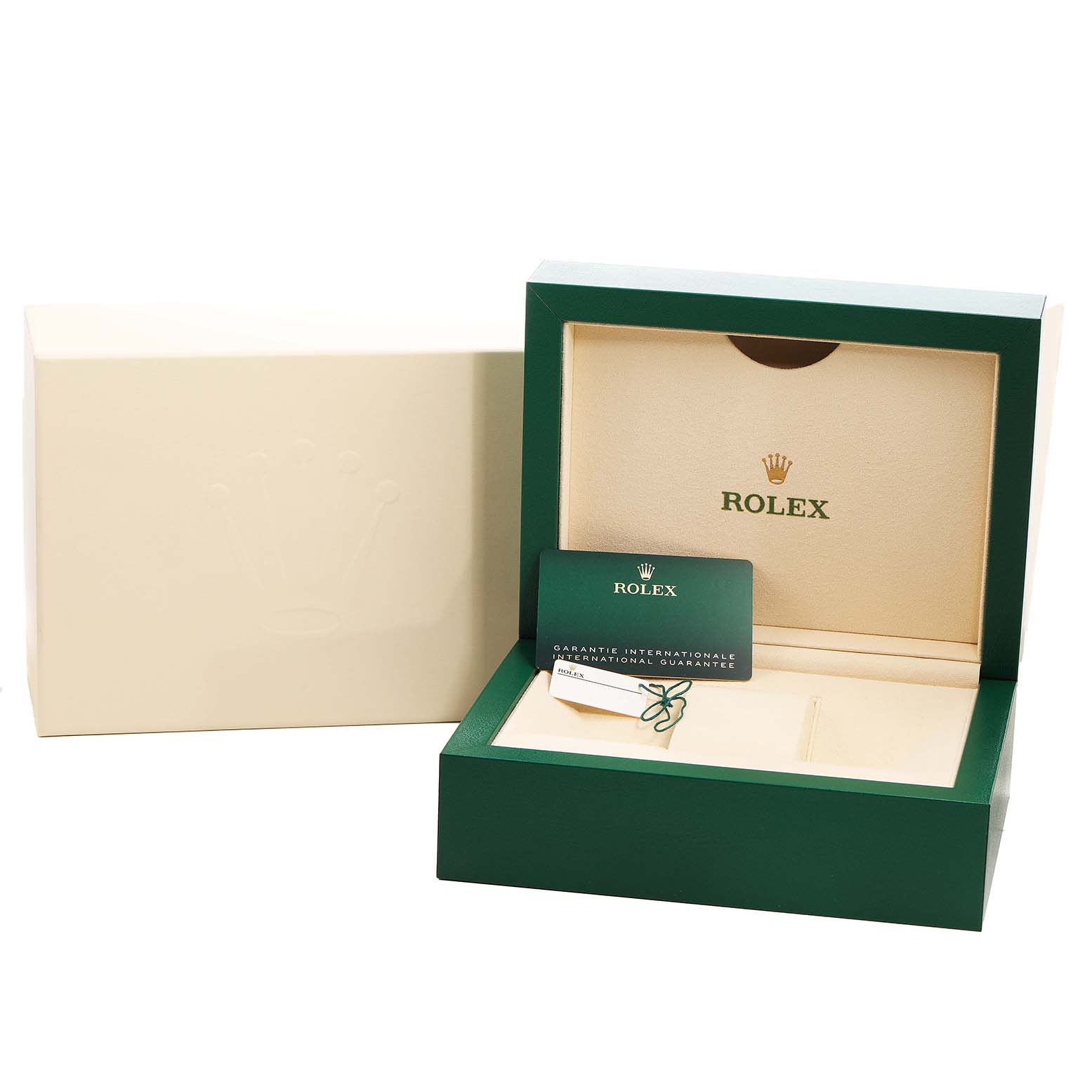 The image shows an open Rolex Oyster Perpetual M124300-0005 Men's Stainless Steel Green Dial watch box with a warranty card and a closed outer box.