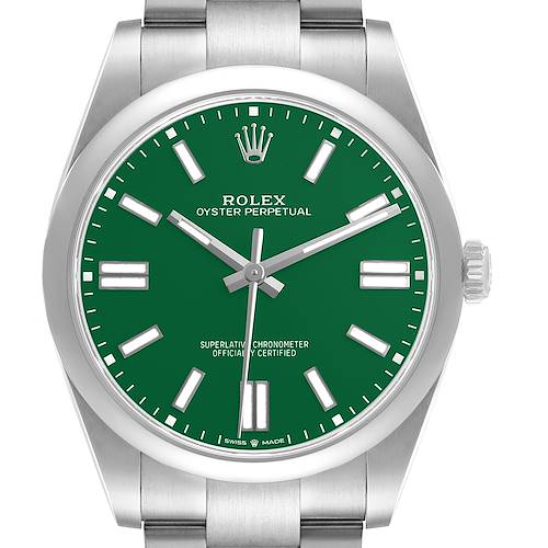 The Rolex Oyster Perpetual M124300-0005 Men's Stainless Steel Green Dial watch is shown from a front angle, highlighting the green dial, silver hands, and markers.