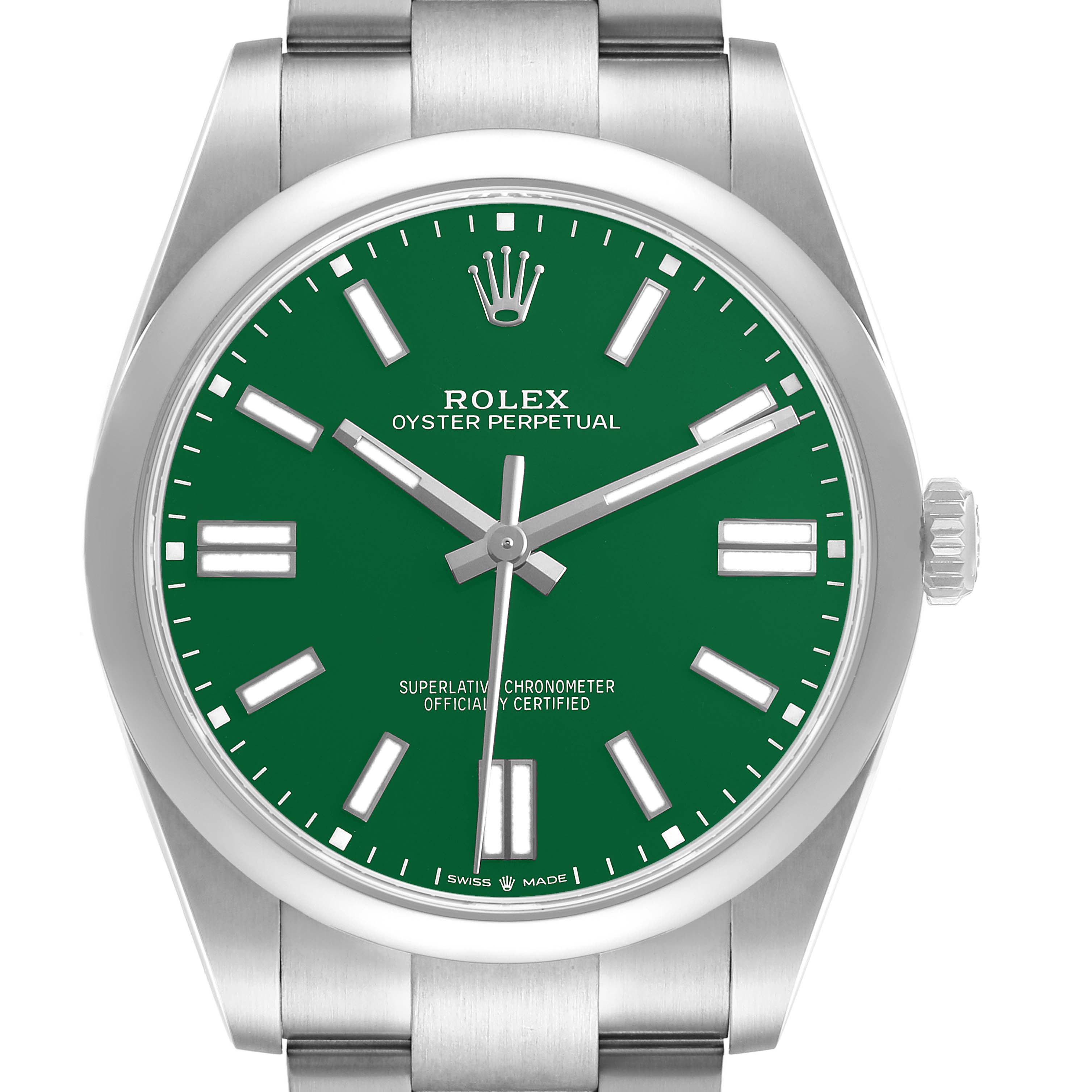 The Rolex Oyster Perpetual M124300-0005 Men's Stainless Steel Green Dial watch is shown from the front, displaying its green dial, hour markers, hands, and case.