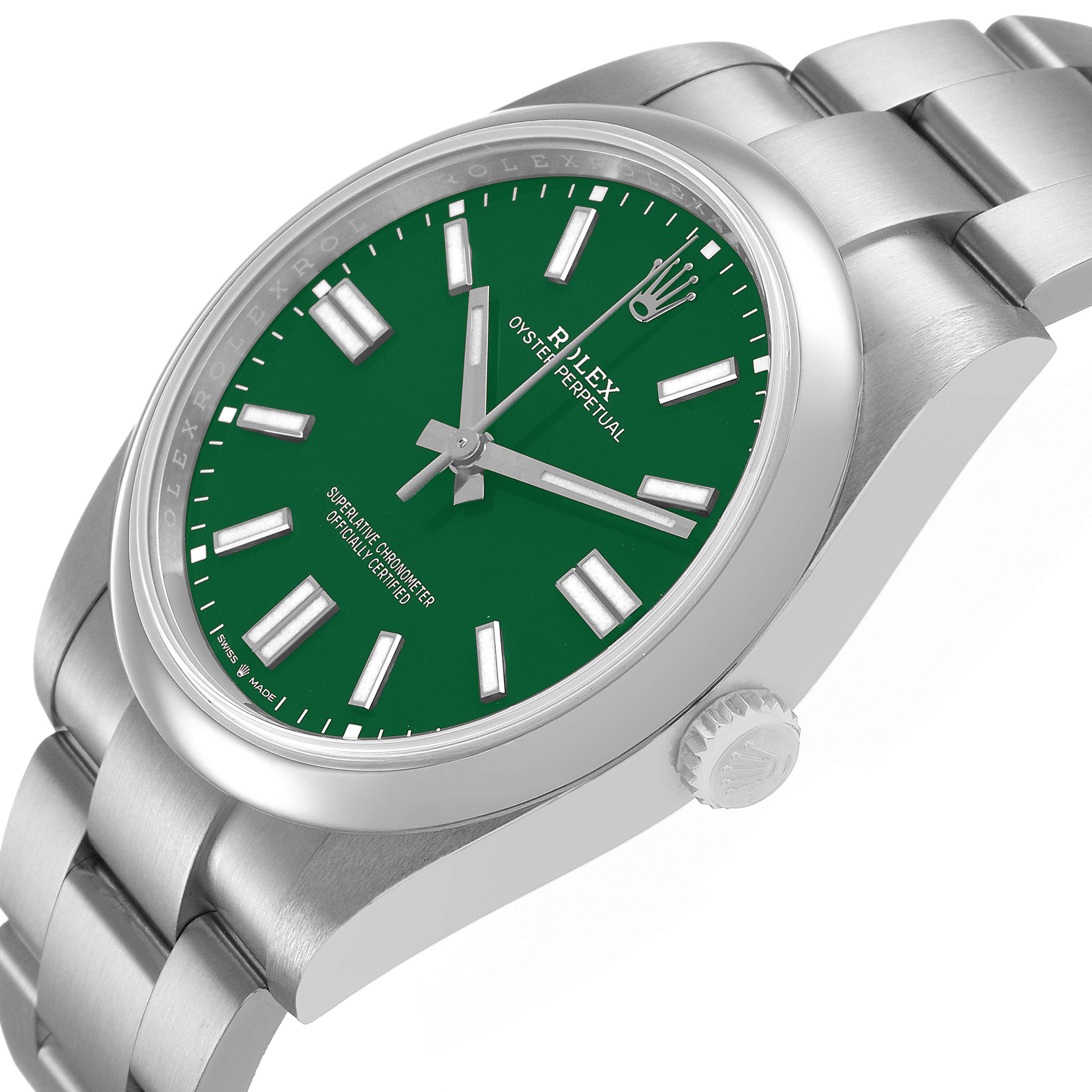 The Rolex Oyster Perpetual M124300-0005 Men's Stainless Steel Green Dial watch is shown at an angle highlighting the green dial, crown, and stainless steel bracelet.