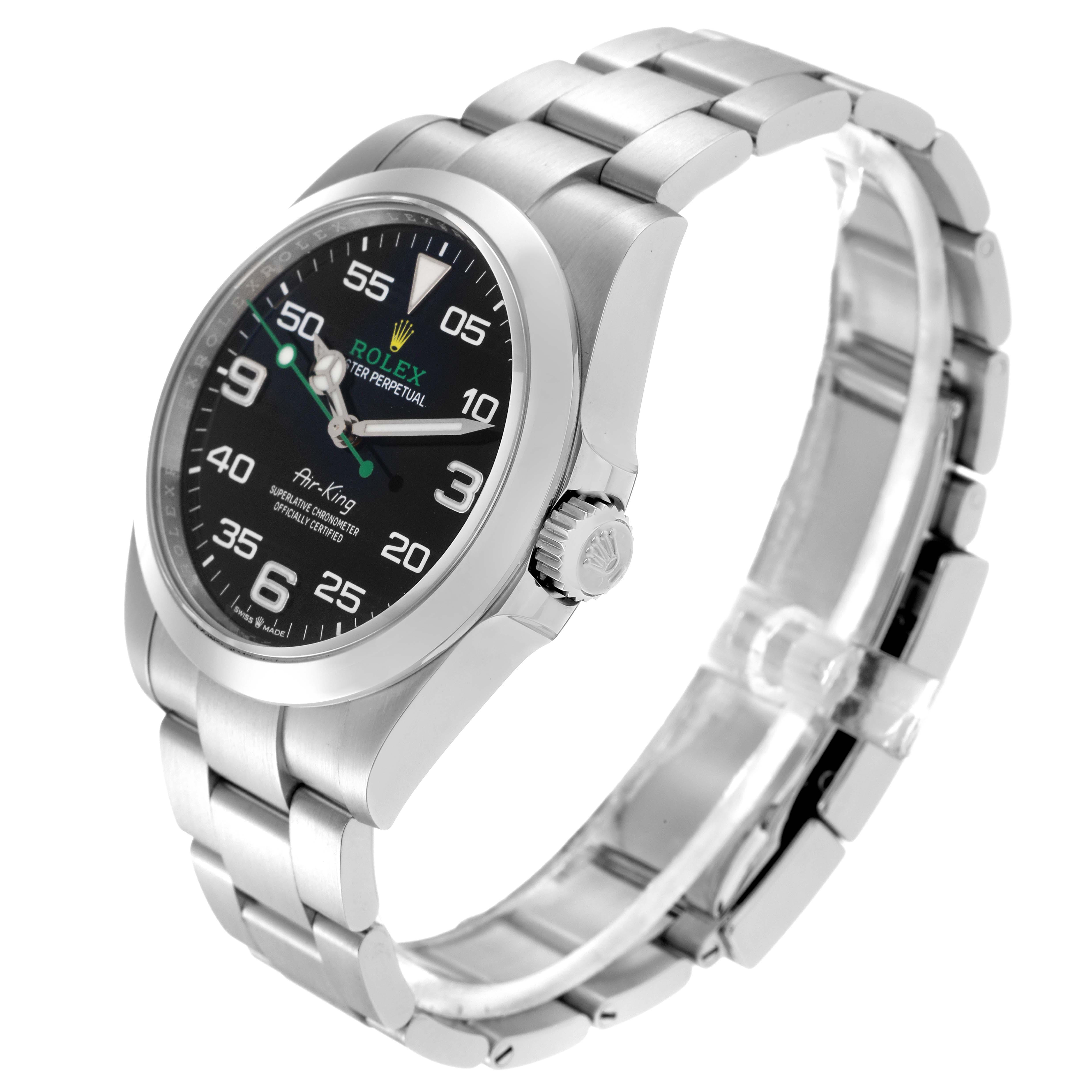 The Rolex Air-King 126900 Men's Stainless Steel Black Dial 126900 Men's Stainless Steel Black Dial watch is shown at a slight angle displaying its face, crown, and bracelet clearly.