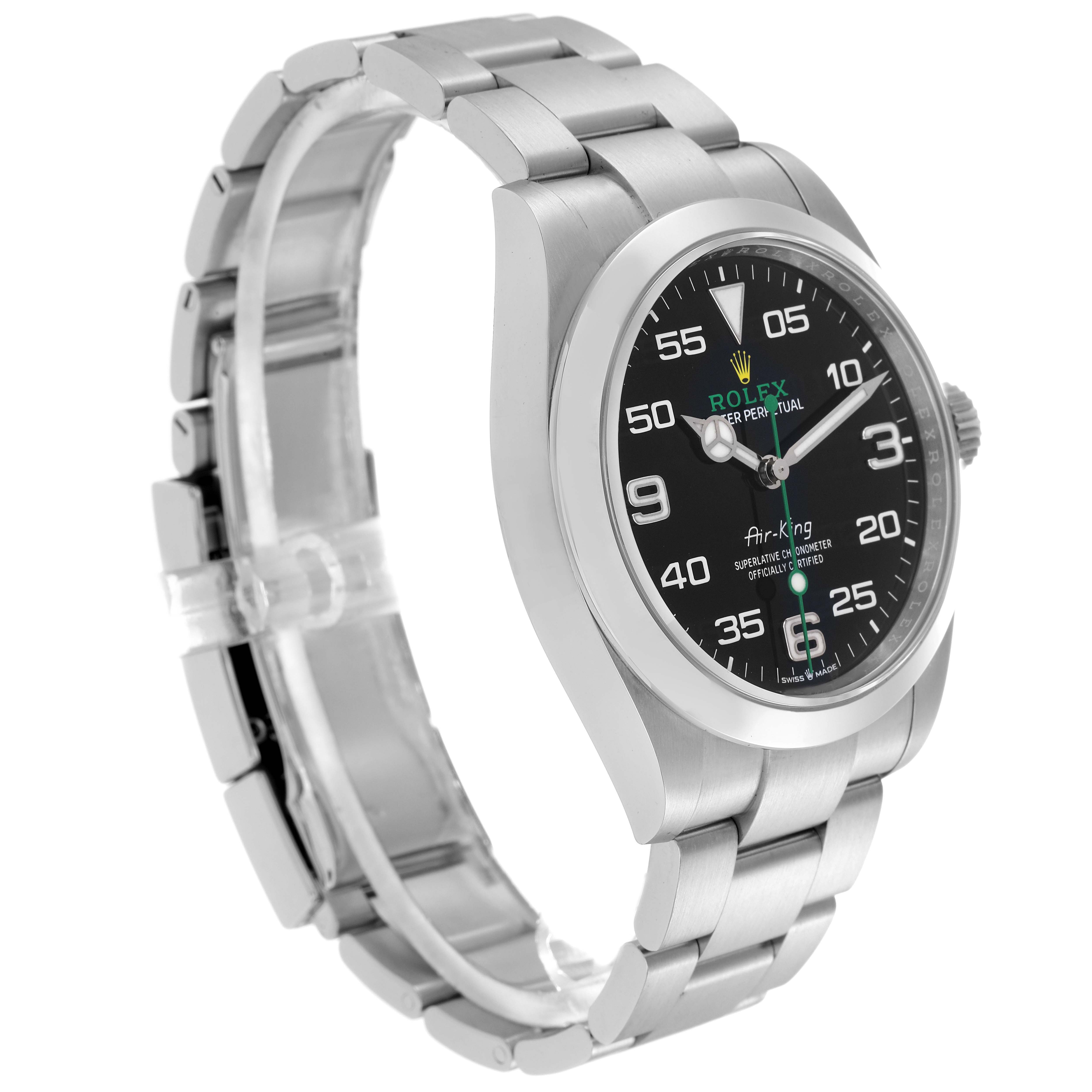 The Rolex Air-King 126900 Men's Stainless Steel Black Dial 126900 Men's Stainless Steel Black Dial watch is shown from a three-quarter angle, displaying the face, case, and part of the bracelet.