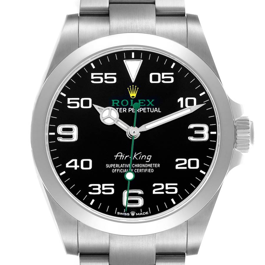 The Rolex Air-King watch is shown from the front, displaying its dial, bezel, and part of the bracelet.