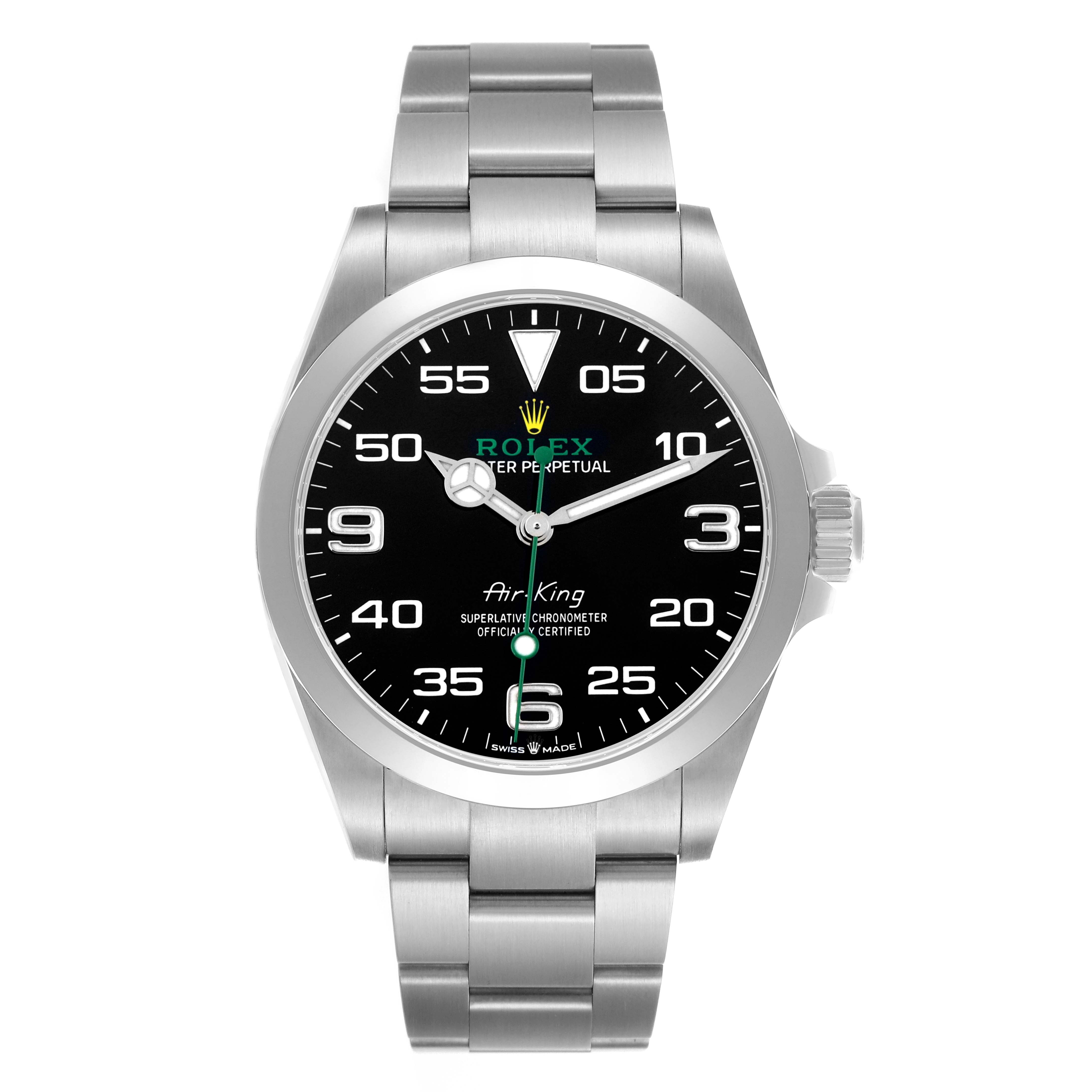The Rolex Air-King 126900 Men's Stainless Steel Black Dial 126900 Men's Stainless Steel Black Dial watch is shown from a front angle, displaying the face, bezel, and part of the bracelet.